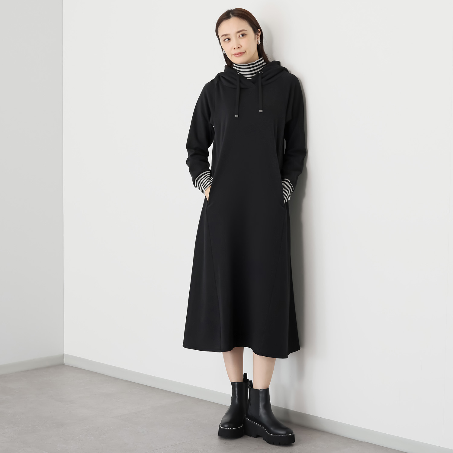 ゼラールスポーツ スーピマコットン混 裏起毛シャギー レイヤードデザイン フーディーワンピース