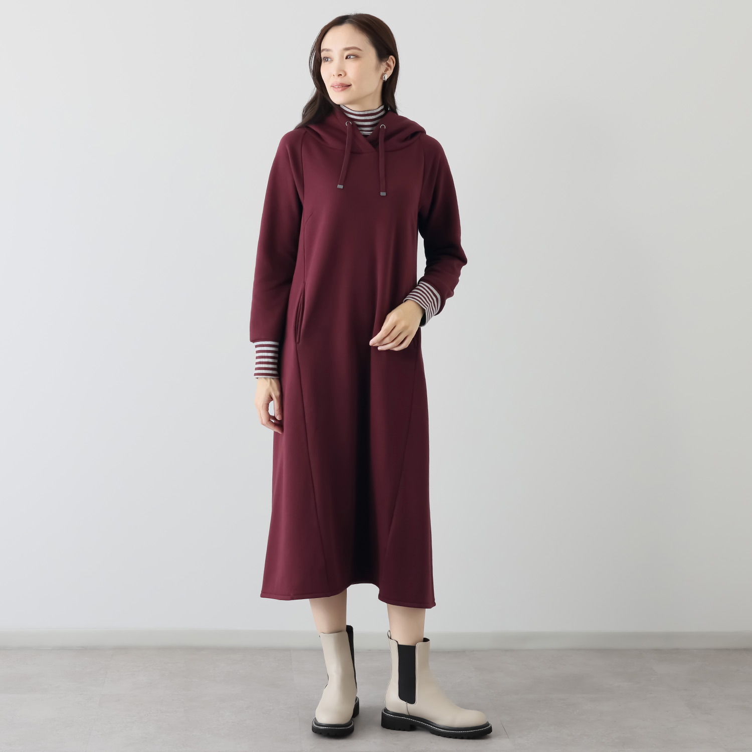 ゼラールスポーツ スーピマコットン混 裏起毛シャギー レイヤードデザイン フーディーワンピース