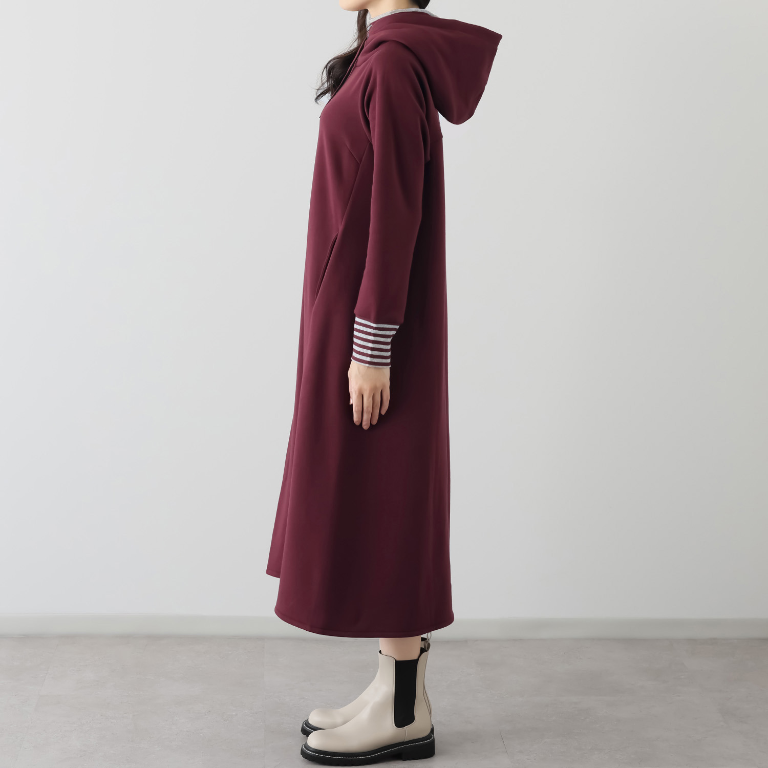 ゼラールスポーツ スーピマコットン混 裏起毛シャギー レイヤードデザイン フーディーワンピース