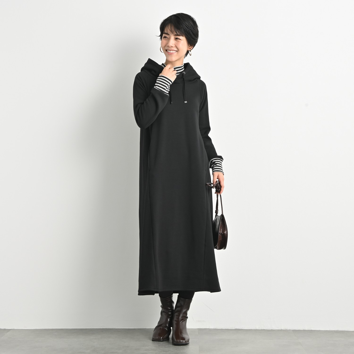 ゼラールスポーツ スーピマコットン混 裏起毛シャギー レイヤードデザイン フーディーワンピース