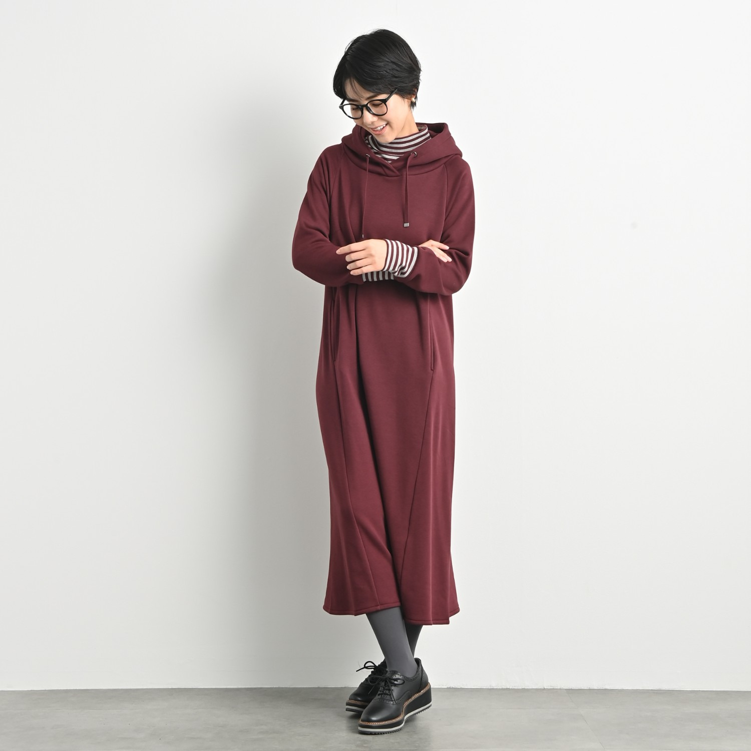 ゼラールスポーツ スーピマコットン混 裏起毛シャギー レイヤードデザイン フーディーワンピース