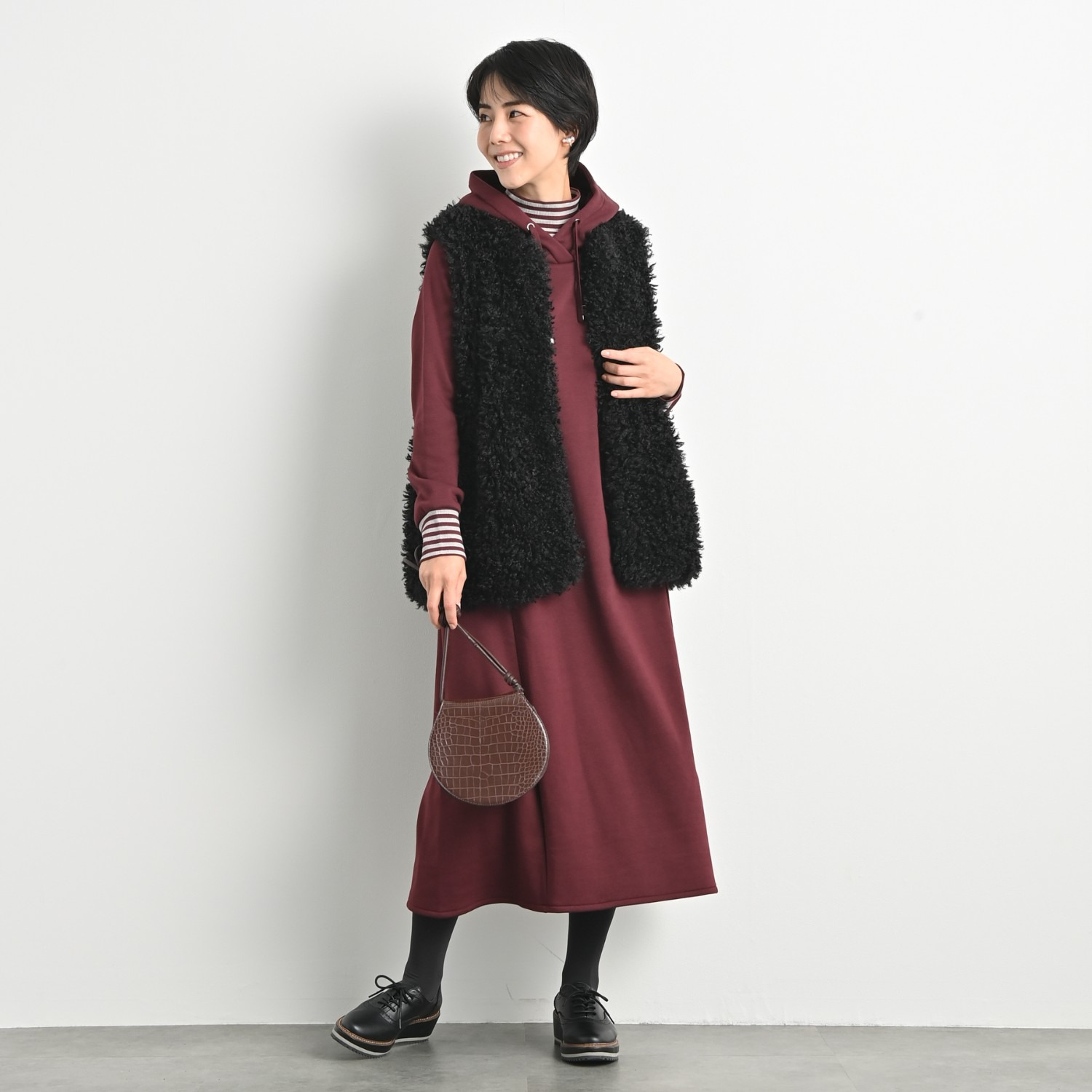 ゼラールスポーツ スーピマコットン混 裏起毛シャギー レイヤードデザイン フーディーワンピース