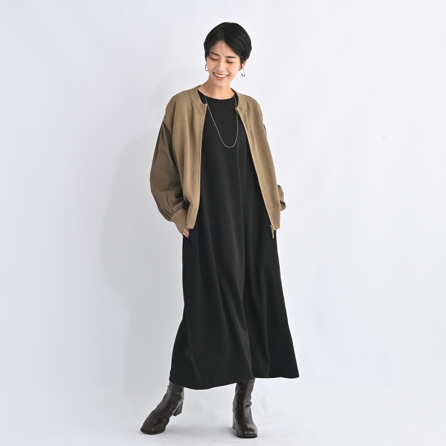 ゼラールスポーツ きれいめジャージー 異素材コンビ レイヤード風ワンピース