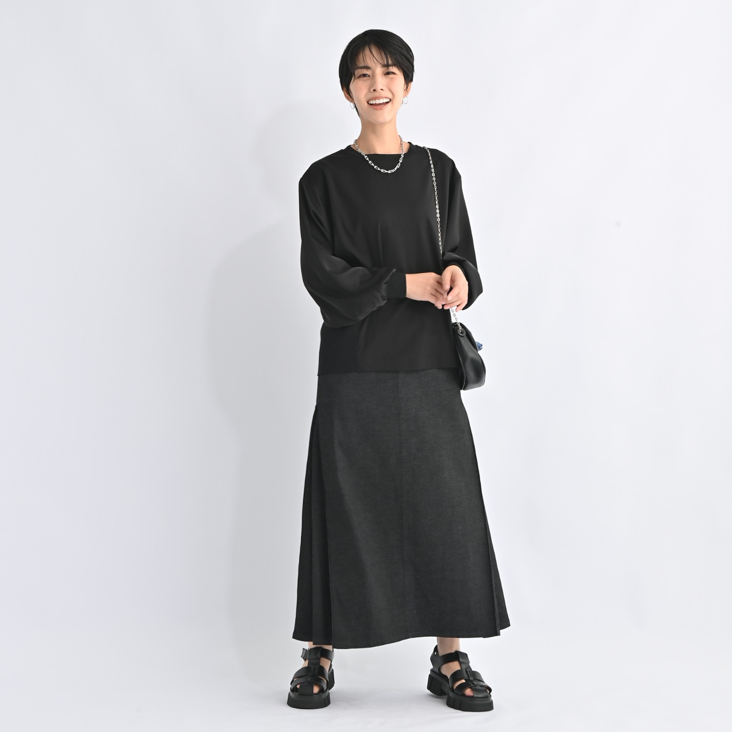 ゼラールスポーツ のびのびストレッチデニム サイドフレアー ミモレスカート