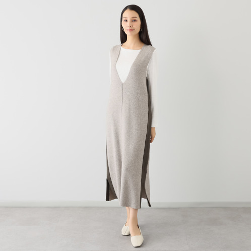 スピンブルー　ギザコットンとヤクの　極上ブレンド！　ラグジュアリーニット　配色アクセント　ジャンパードレス