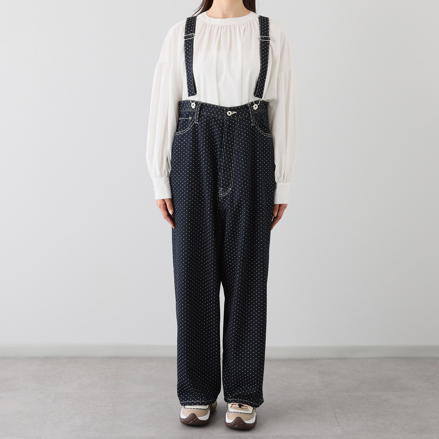 紺屋イチガントウキョウ サスペンダー付 ドット柄デニム パンツ