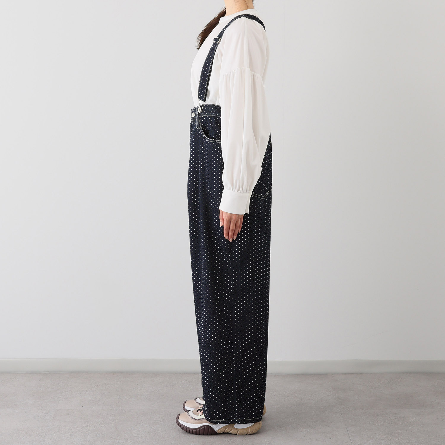 紺屋イチガントウキョウ サスペンダー付 ドット柄デニム パンツ