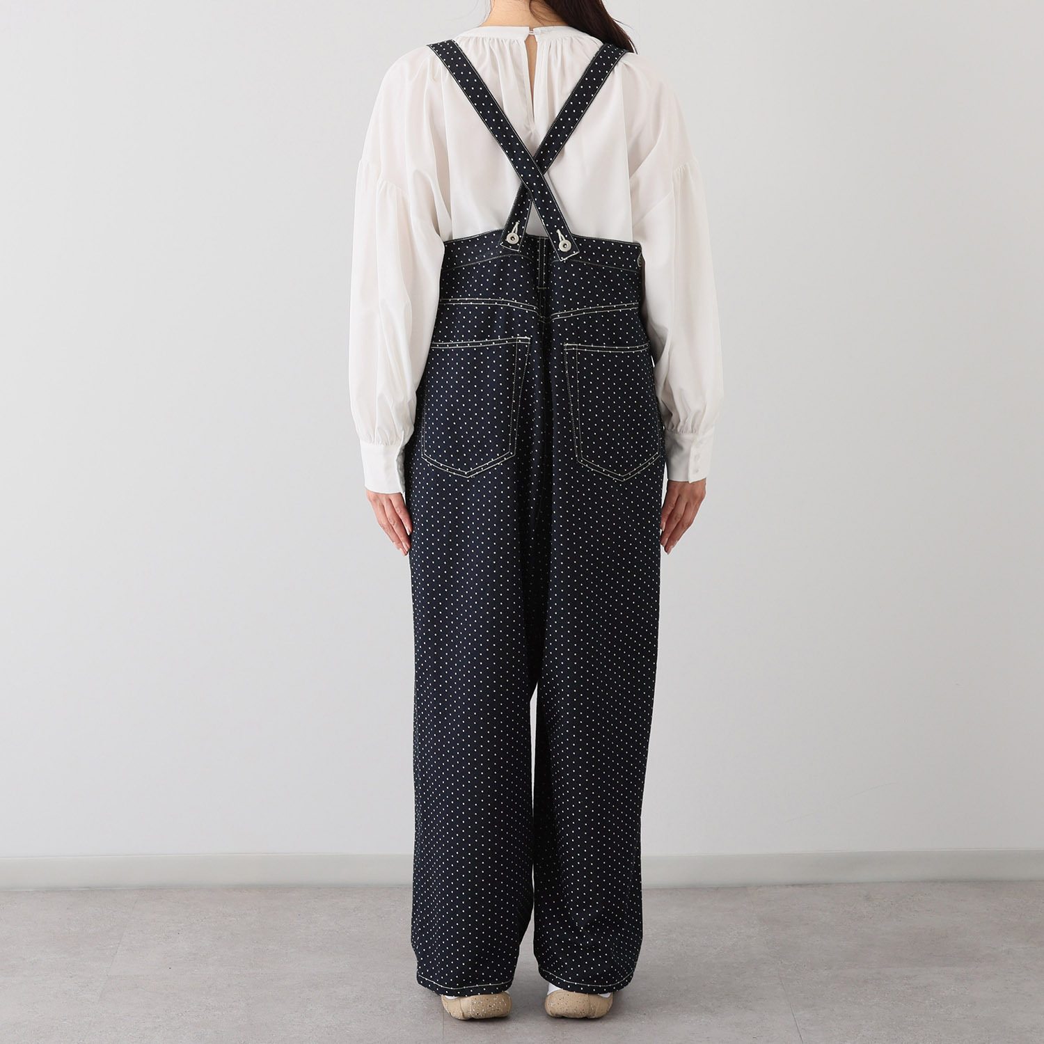 紺屋イチガントウキョウ サスペンダー付 ドット柄デニム パンツ