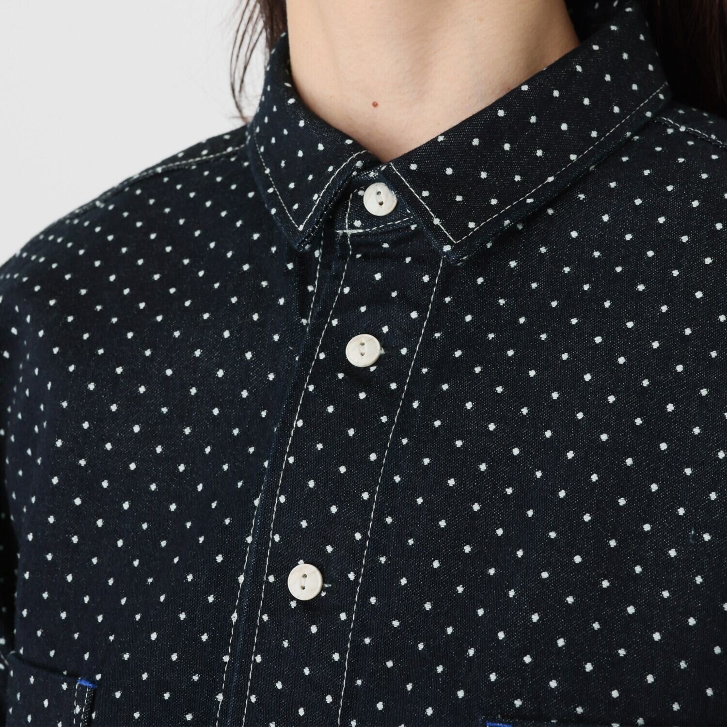 紺屋イチガントウキョウ ドット柄デニム ビッグワークシャツ