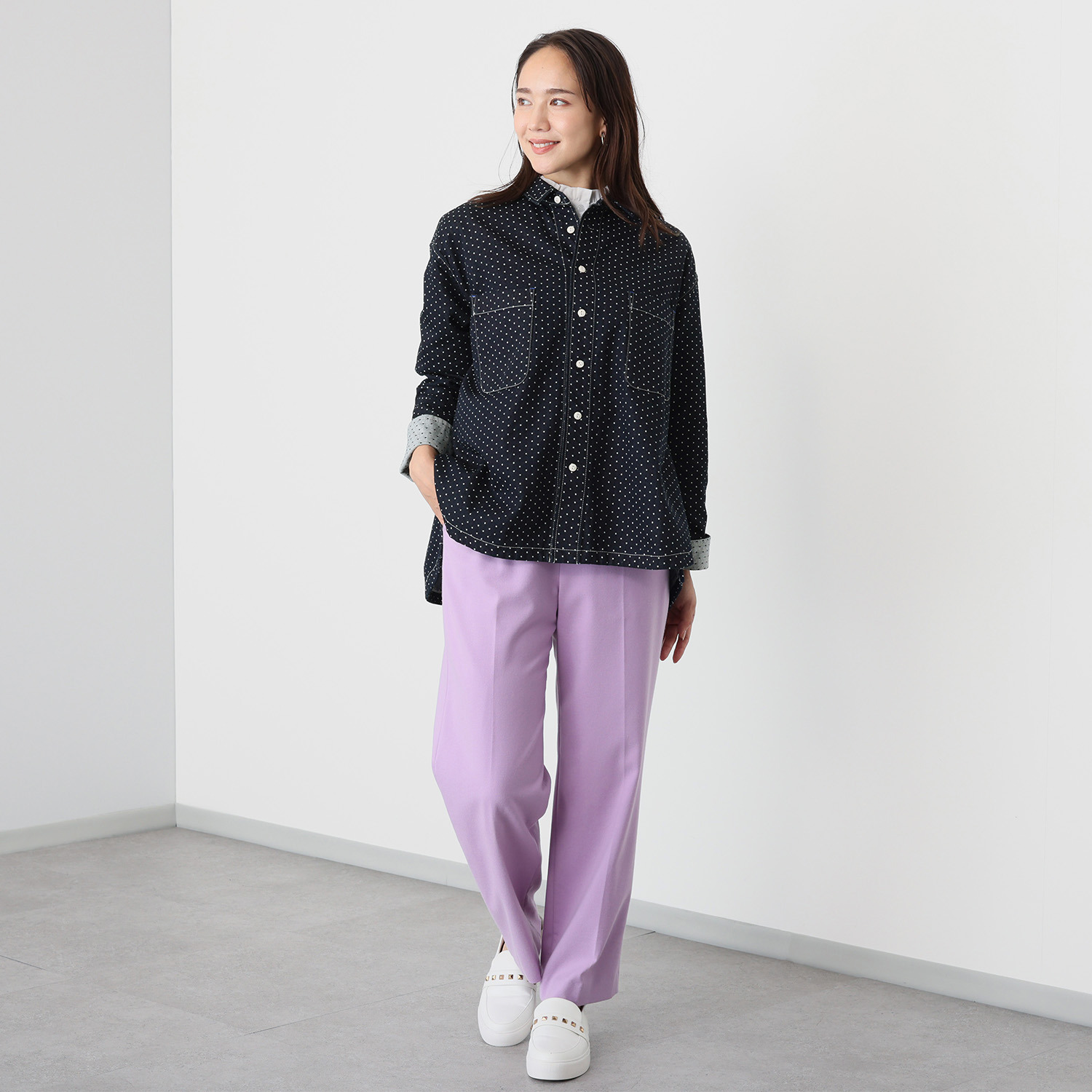 紺屋イチガントウキョウ ドット柄デニム ビッグワークシャツ