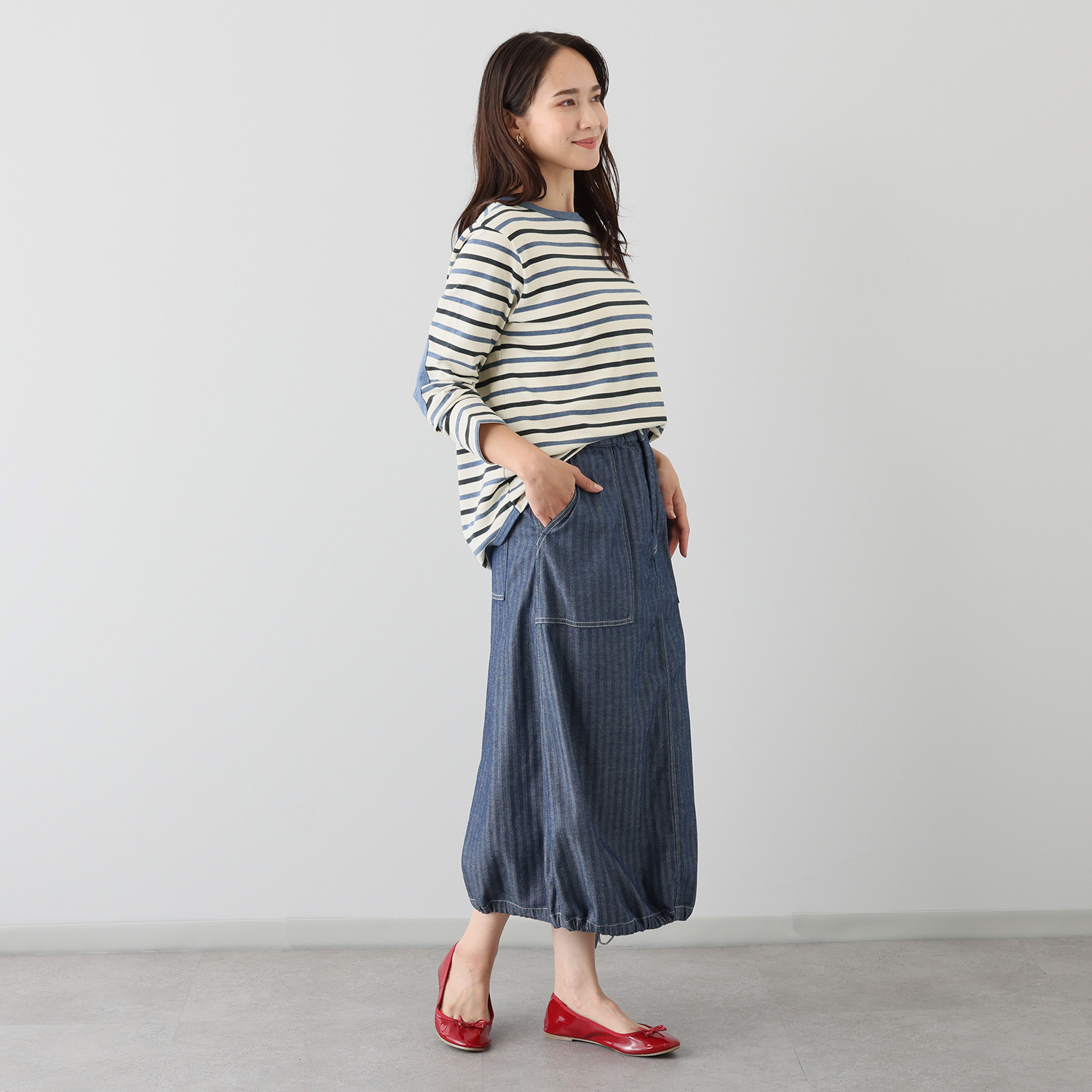 紺屋イチガントウキョウ ボーダー エルボーパッチアクセント プルオーバー