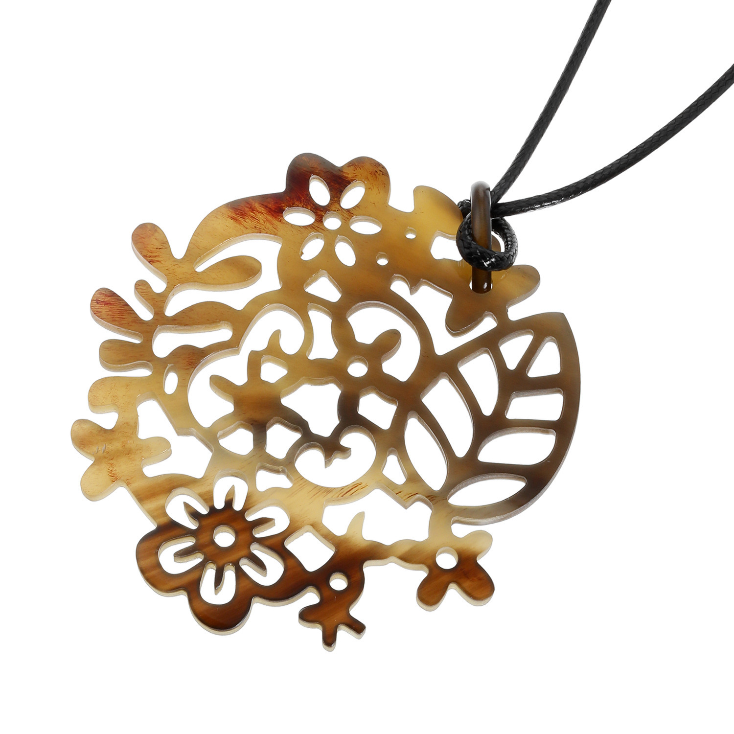 ミル・レーヴ 水牛 フラワーレースデザイン 透かし彫り ロングコードペンダント