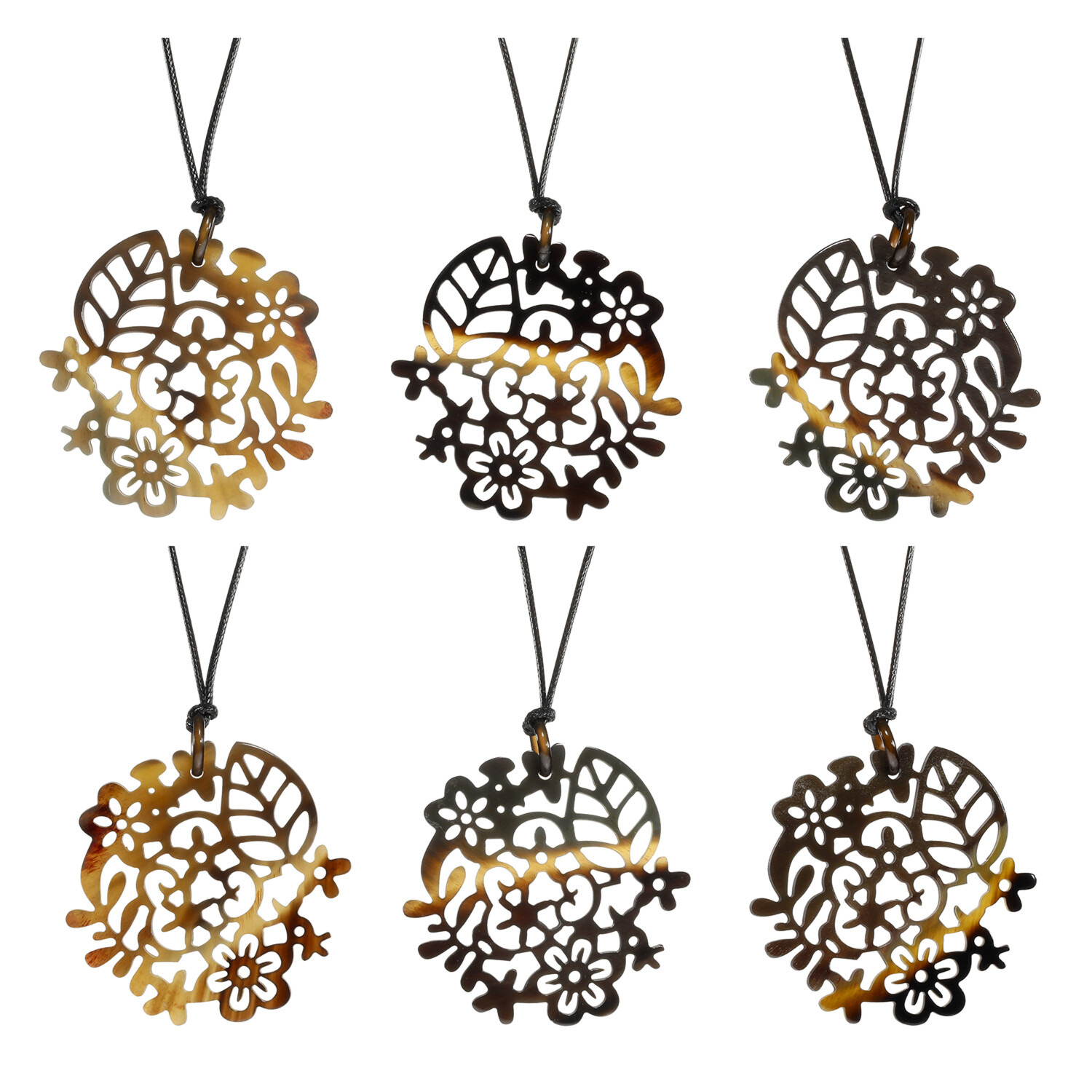 ミル・レーヴ 水牛 フラワーレースデザイン 透かし彫り ロングコードペンダント