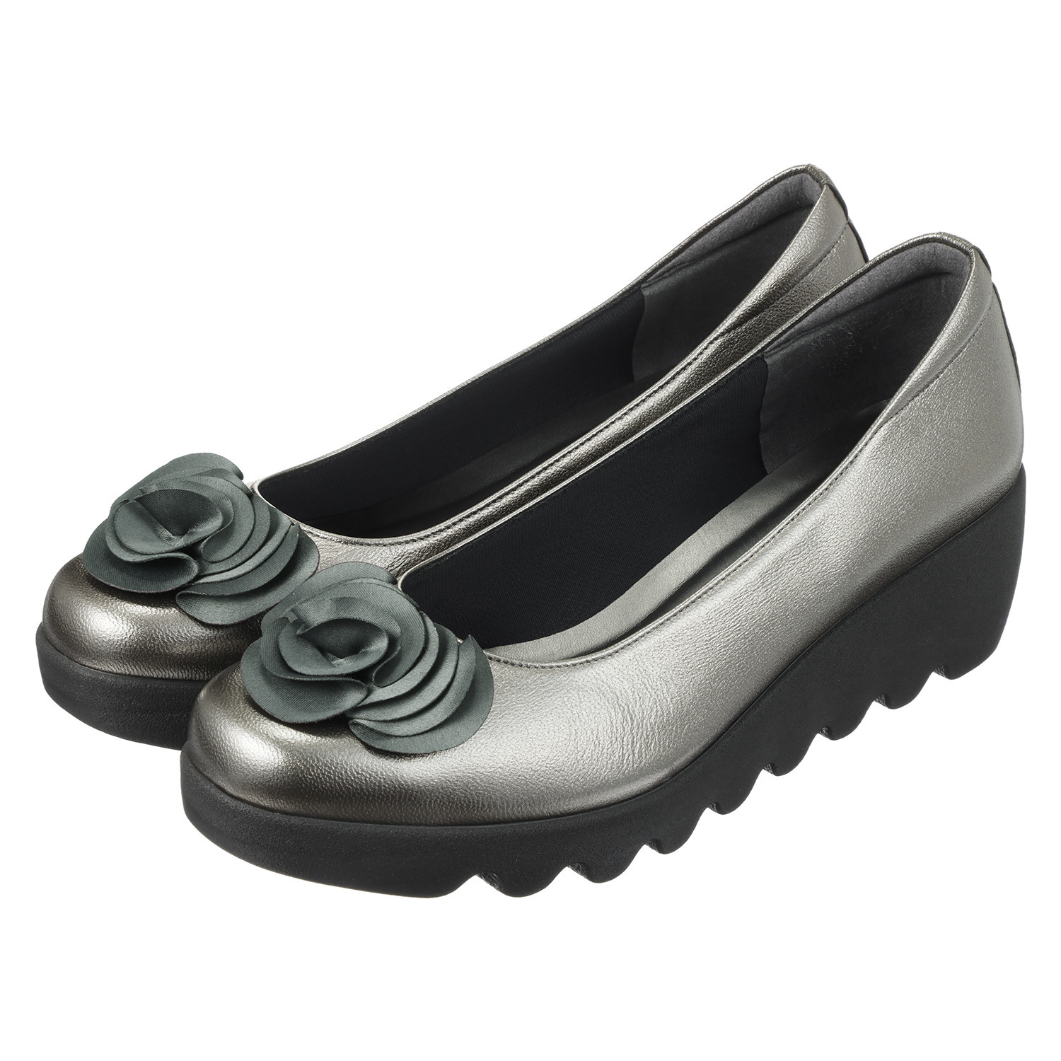 ヒルズアヴェニュー ＜日本製＞ レザー フラワーモティーフ ウェーブソールパンプス