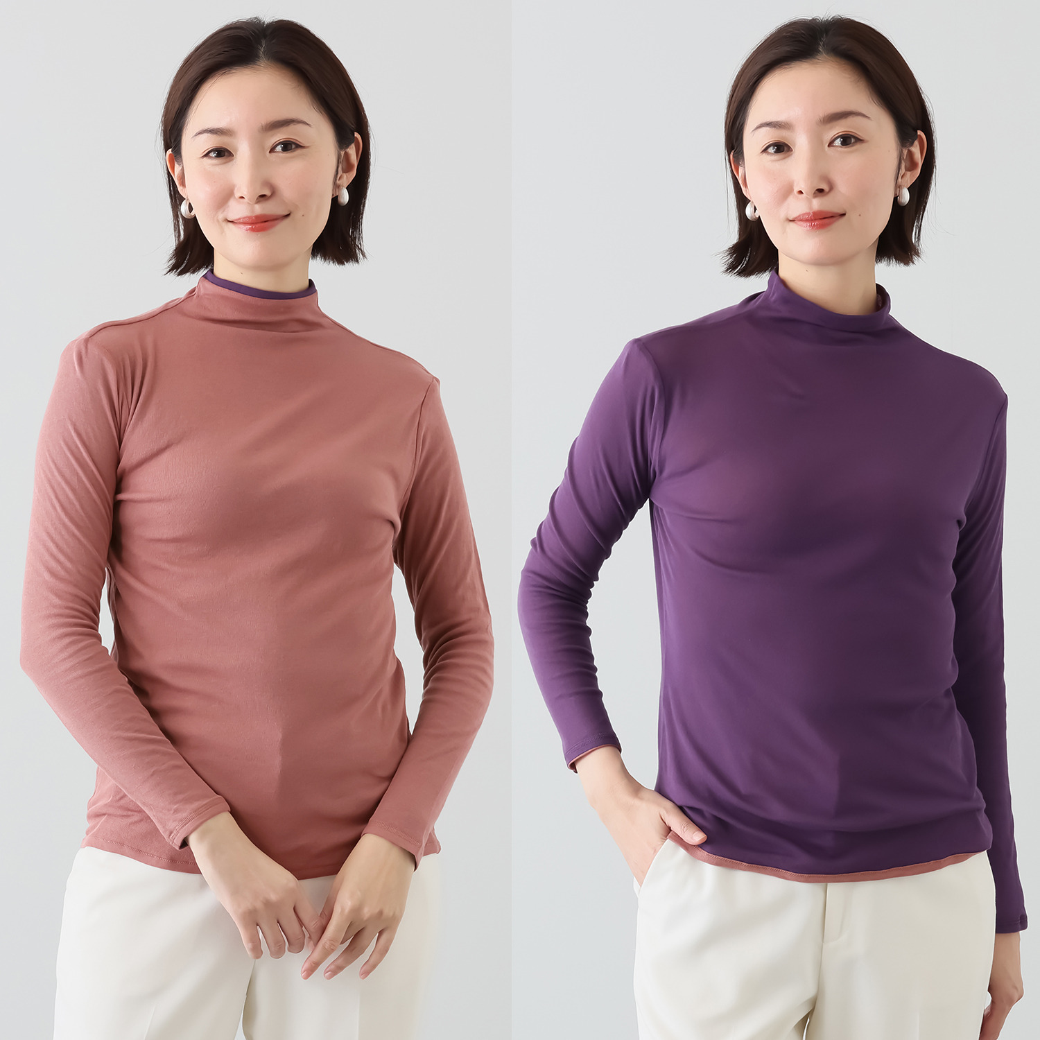 天使の綿シフォン モックネック リバーシブル 二重長袖プルオーバー