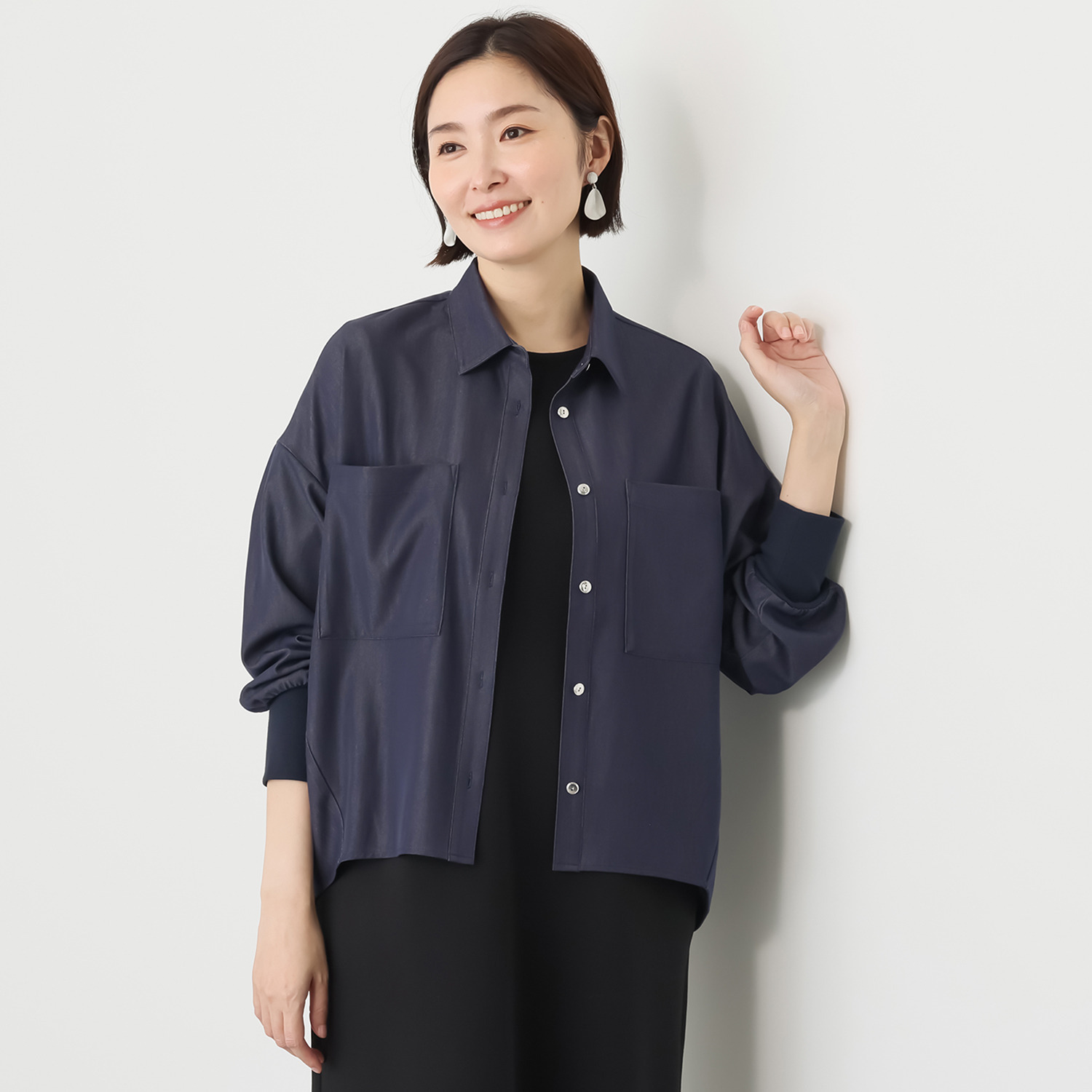 イシカワラボ★ヒトミ ストレッチツイル 袖リブアクセント 羽織りシャツ