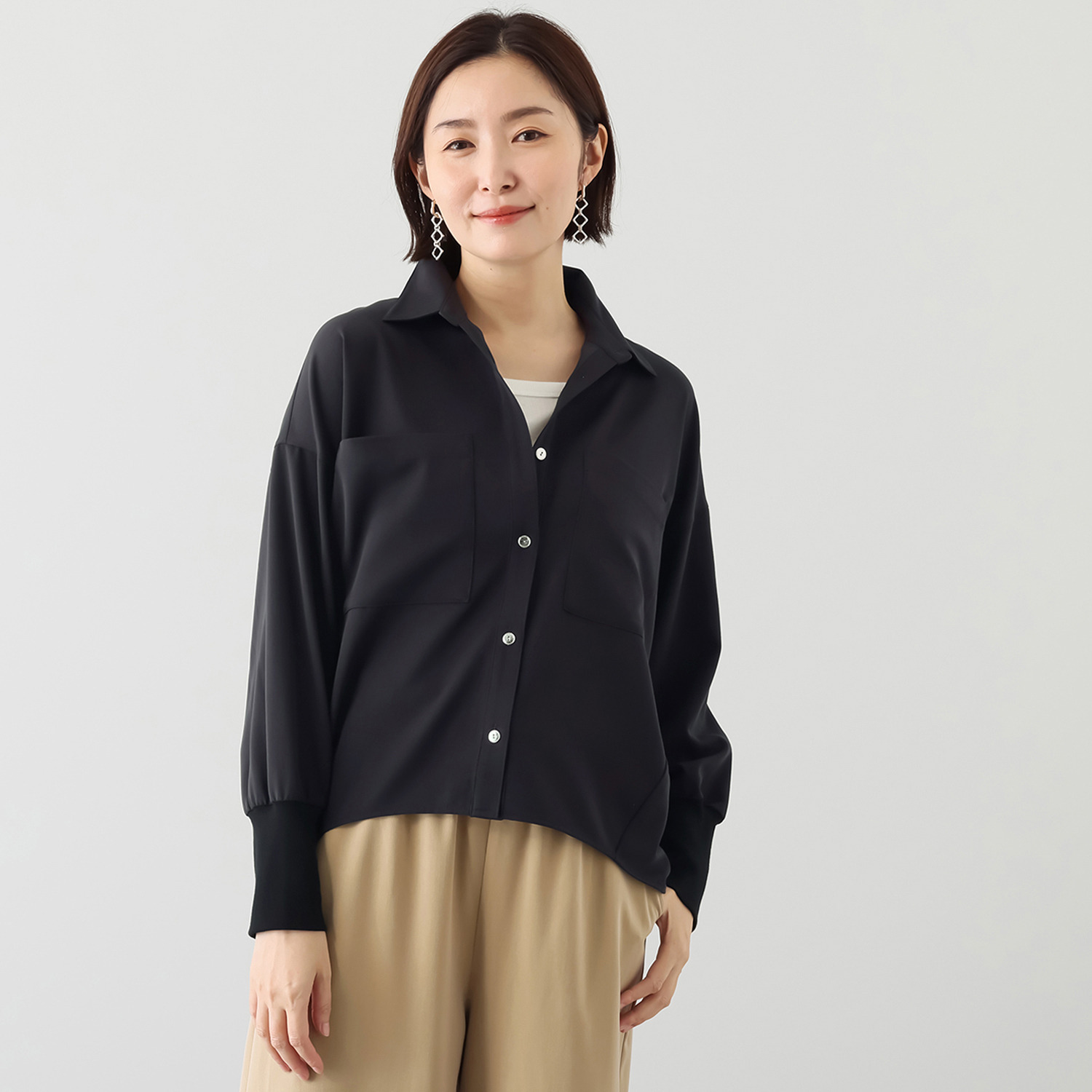 イシカワラボ★ヒトミ ストレッチツイル 袖リブアクセント 羽織りシャツ