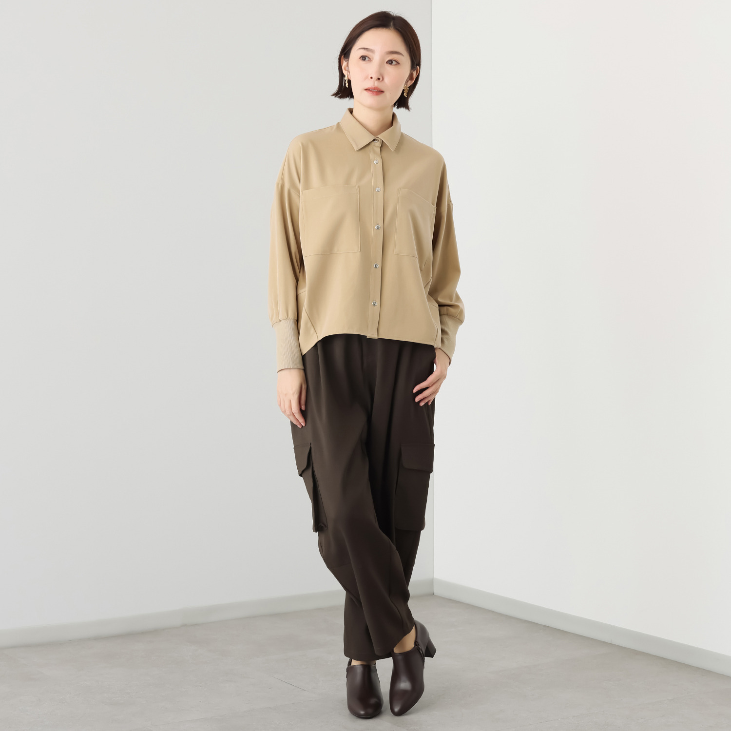 イシカワラボ★ヒトミ ストレッチツイル 袖リブアクセント 羽織りシャツ