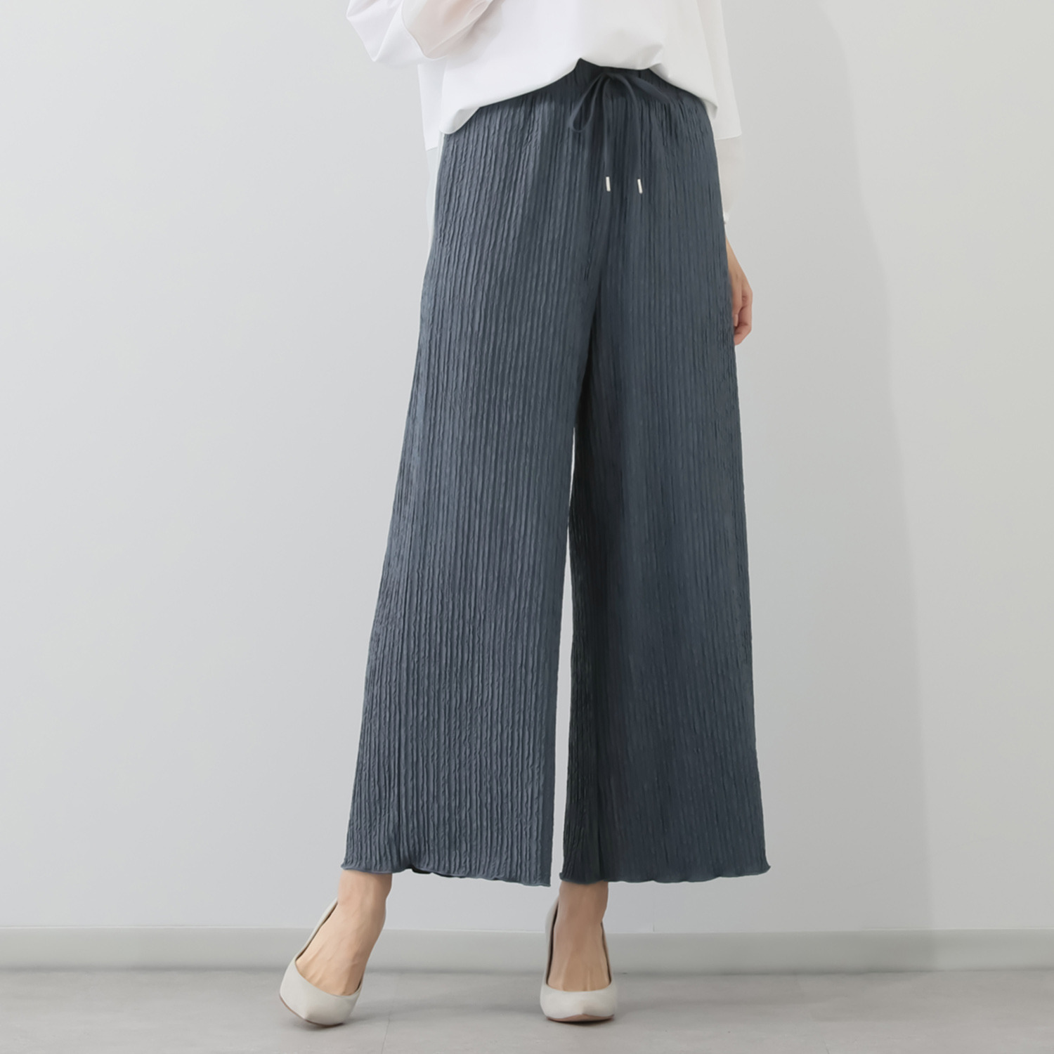 アンリック　オー　ブルー ふくれジャガード プリーツ見え セミワイドパンツ