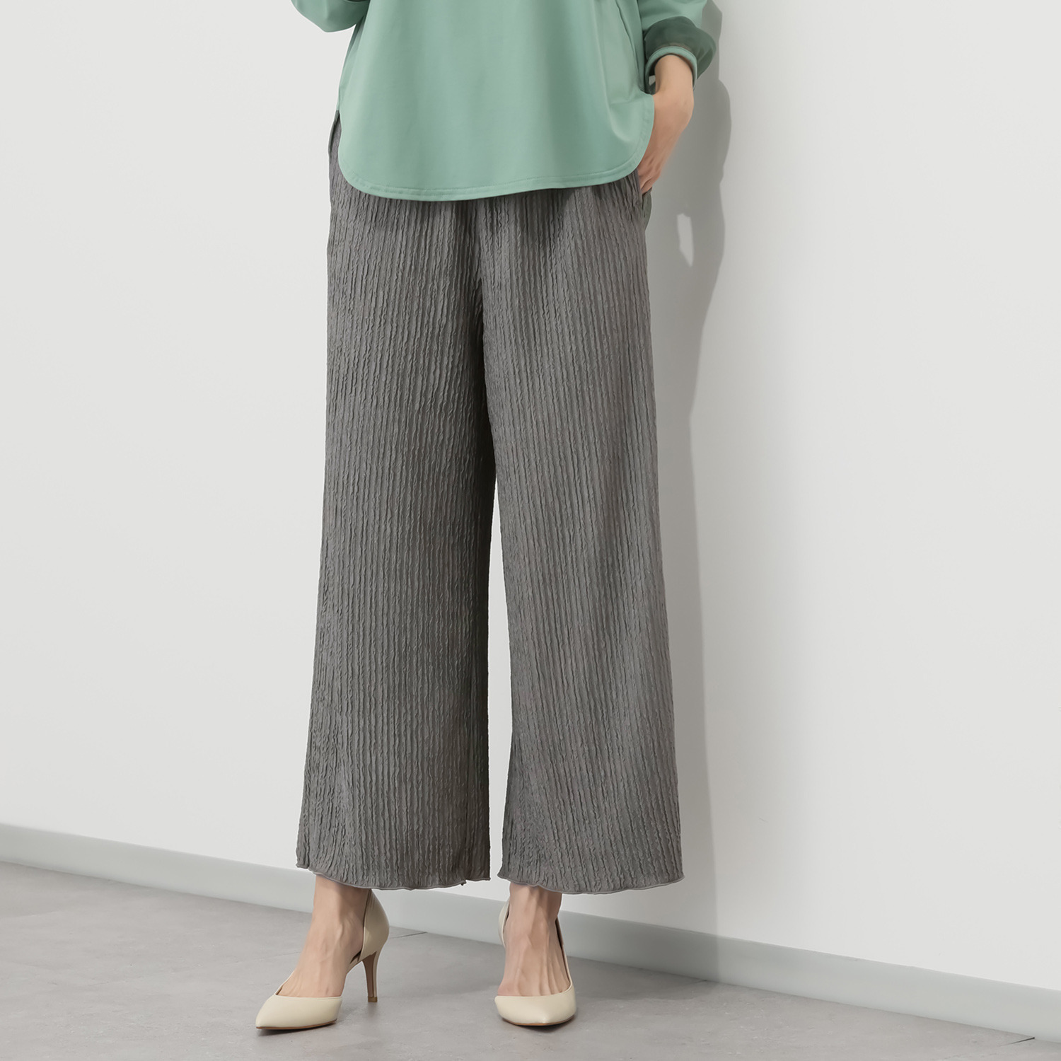 アンリック　オー　ブルー ふくれジャガード プリーツ見え セミワイドパンツ