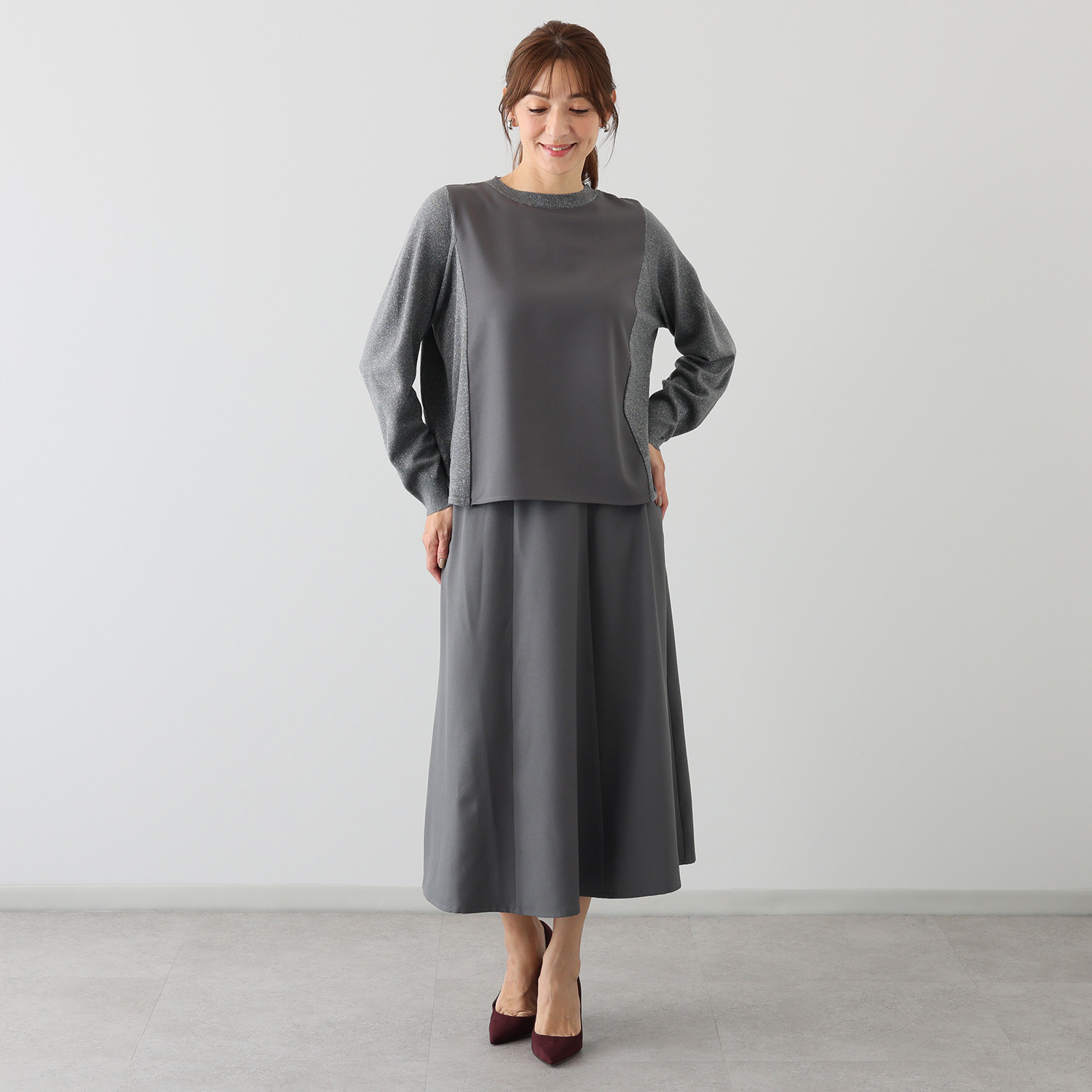 バーチ　ドゥエ 梨地ジョーゼット 六枚接ぎの立体ドレープ フレアースカート