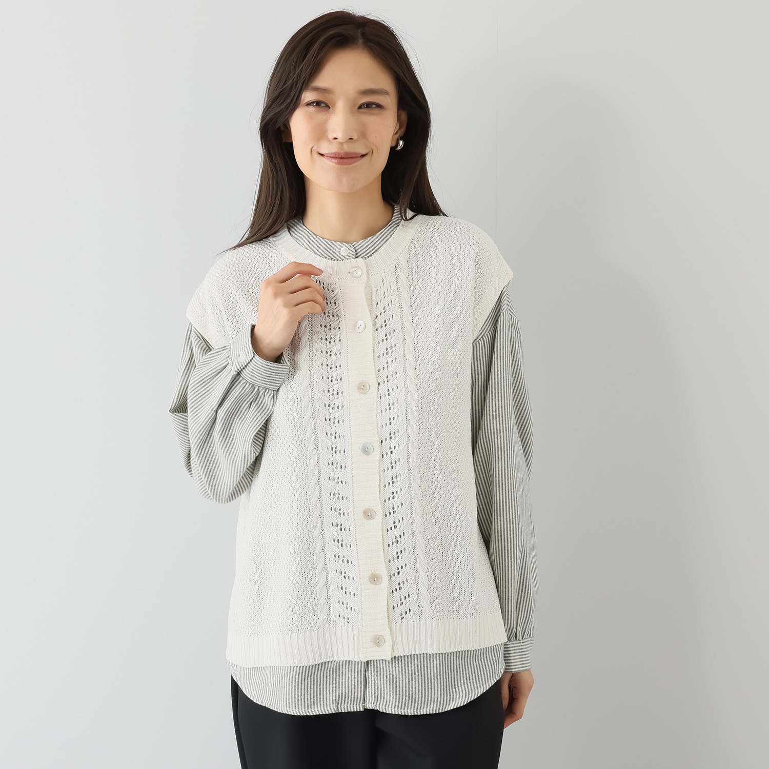 エムエムオー 麻タッチニットジレ× ストライプブラウス アンサンブル