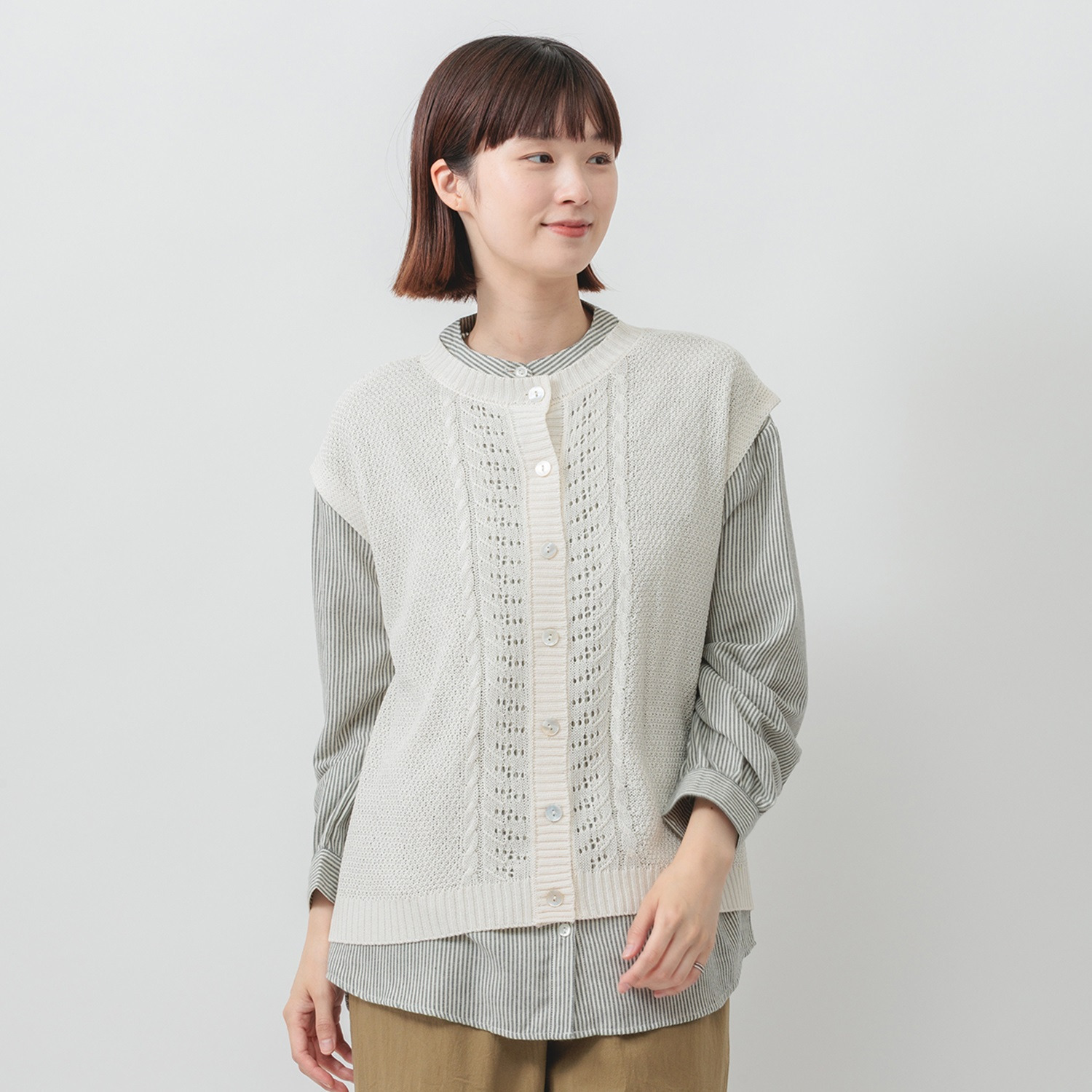 エムエムオー 麻タッチニットジレ× ストライプブラウス アンサンブル