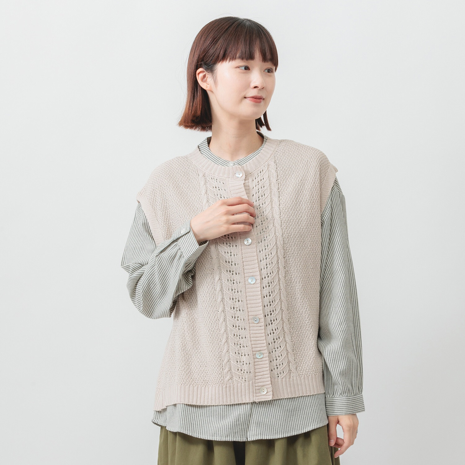 エムエムオー 麻タッチニットジレ× ストライプブラウス アンサンブル