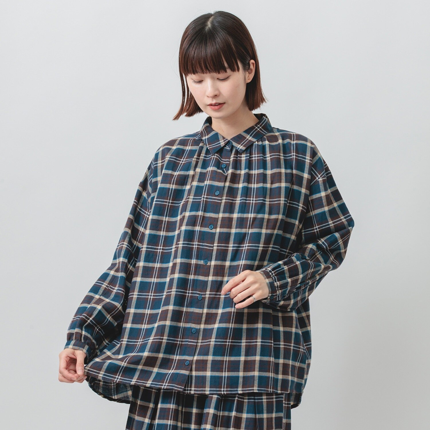 エムエムオー 綿１００％ 先染めツイル チェックブラウス