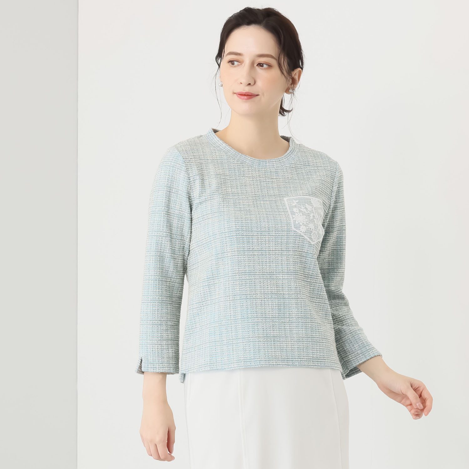 ブルーコレクション ツイード調ジャージー レースワッペンポイント 八分袖プルオーバー