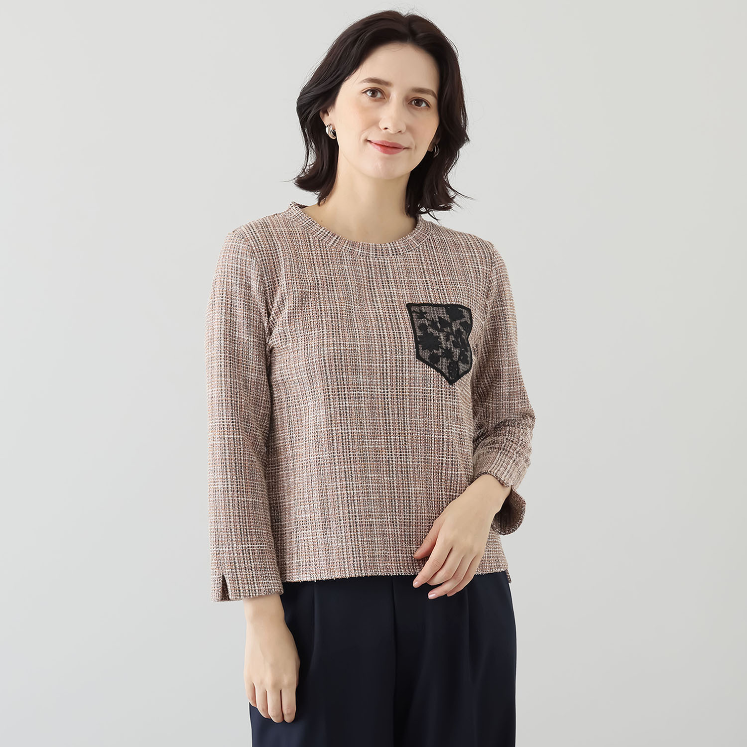 ブルーコレクション ツイード調ジャージー レースワッペンポイント 八分袖プルオーバー