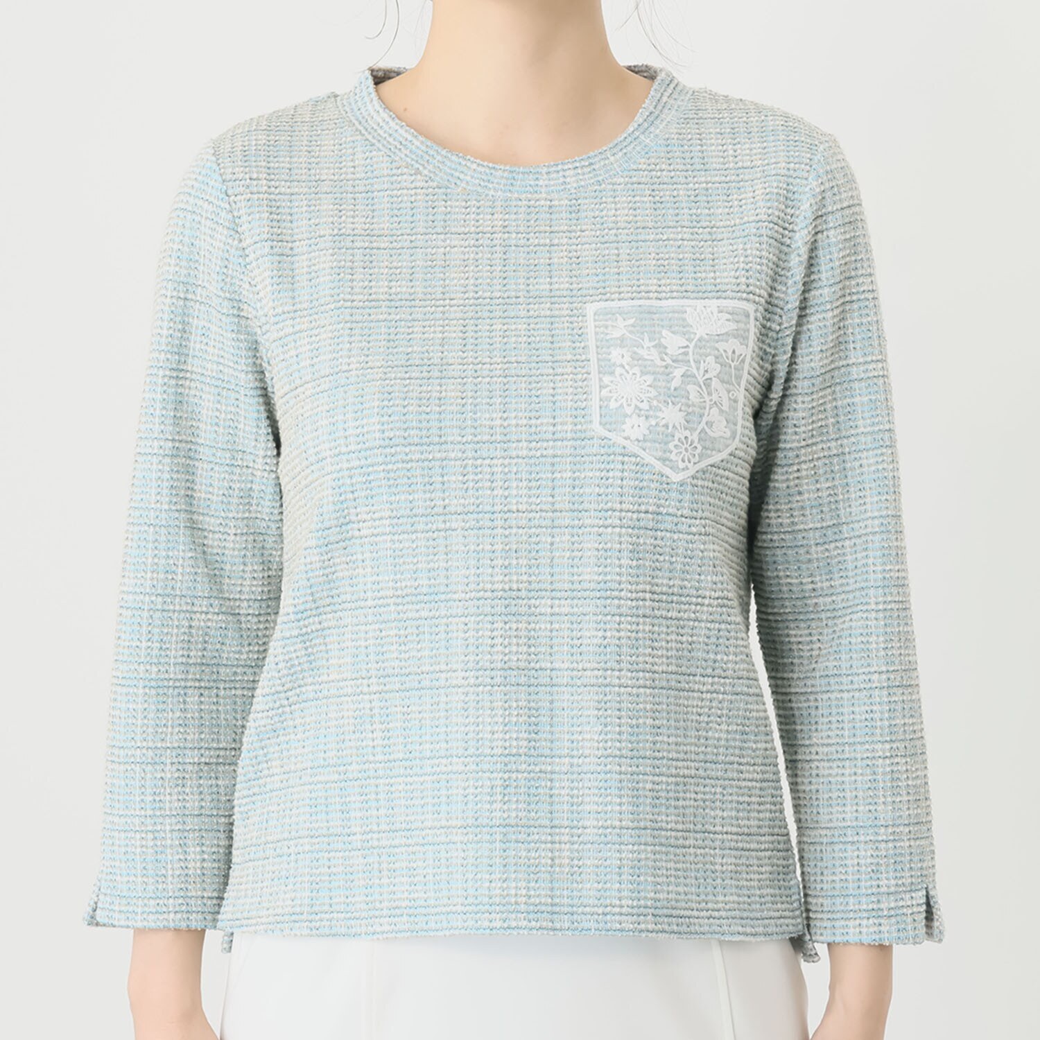 ブルーコレクション ツイード調ジャージー レースワッペンポイント 八分袖プルオーバー