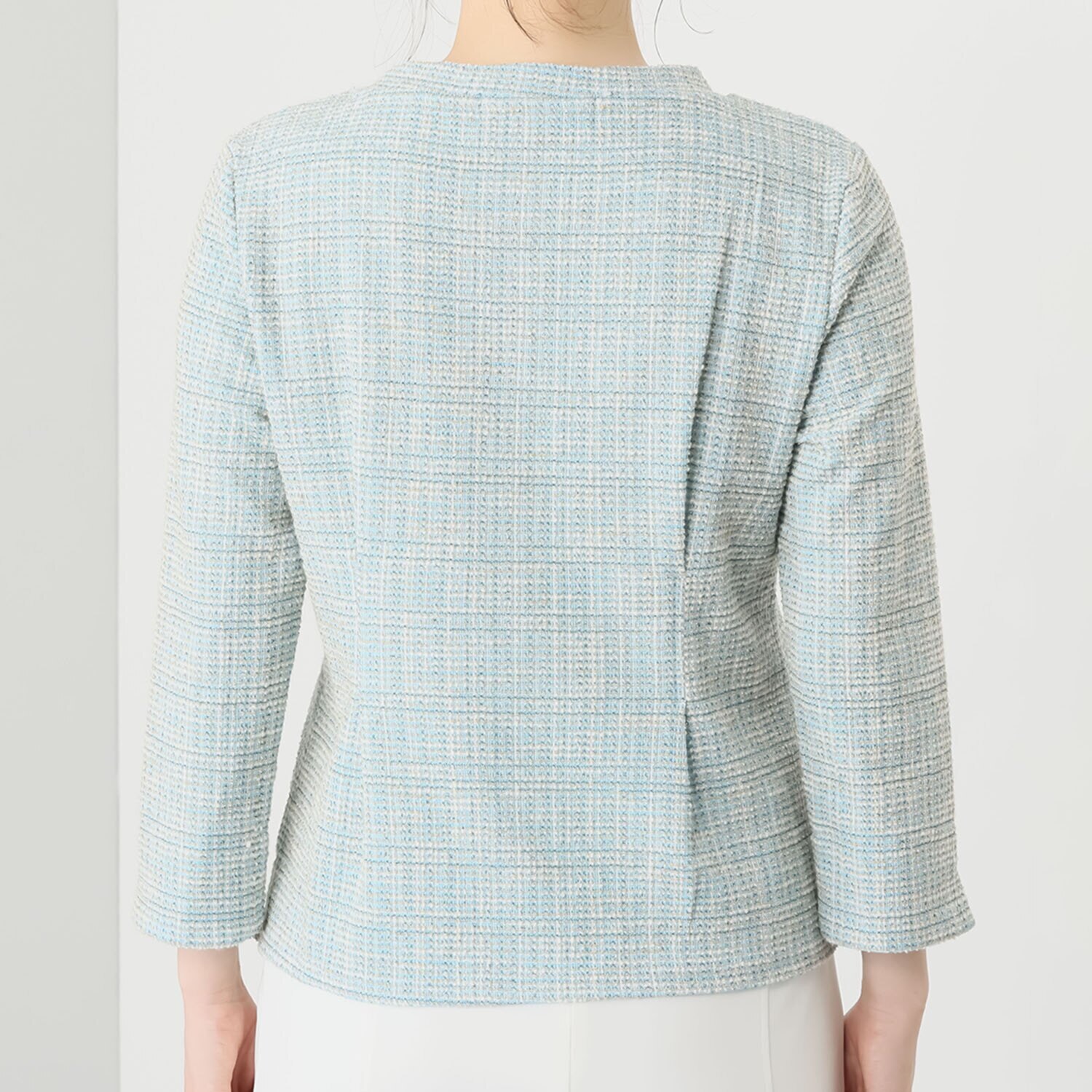 ブルーコレクション ツイード調ジャージー レースワッペンポイント 八分袖プルオーバー