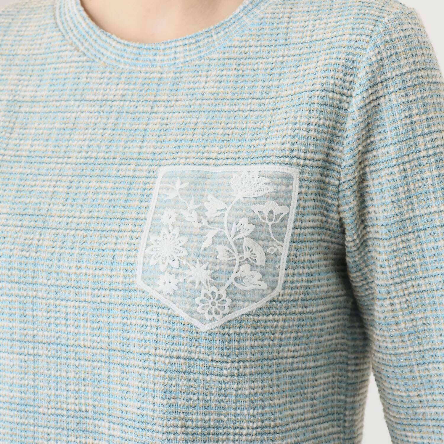 ブルーコレクション ツイード調ジャージー レースワッペンポイント 八分袖プルオーバー