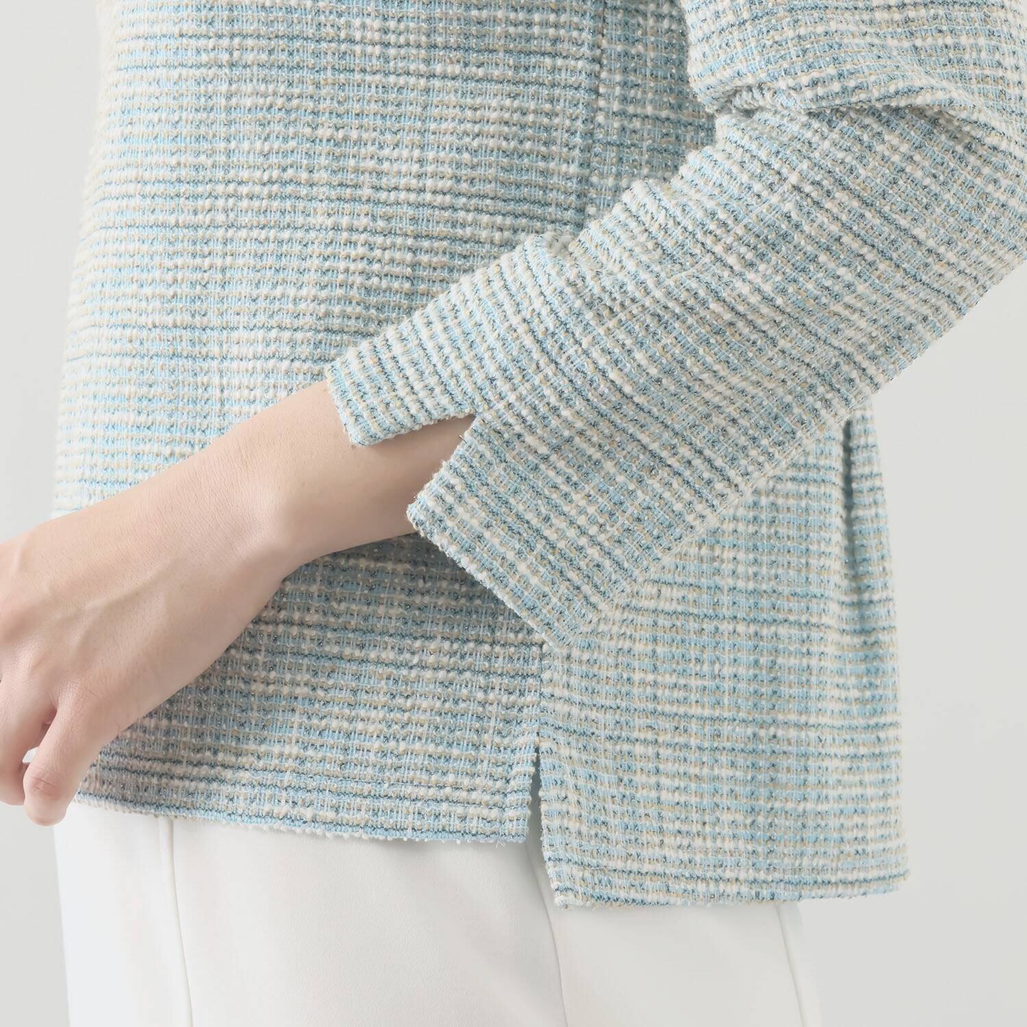 ブルーコレクション ツイード調ジャージー レースワッペンポイント 八分袖プルオーバー