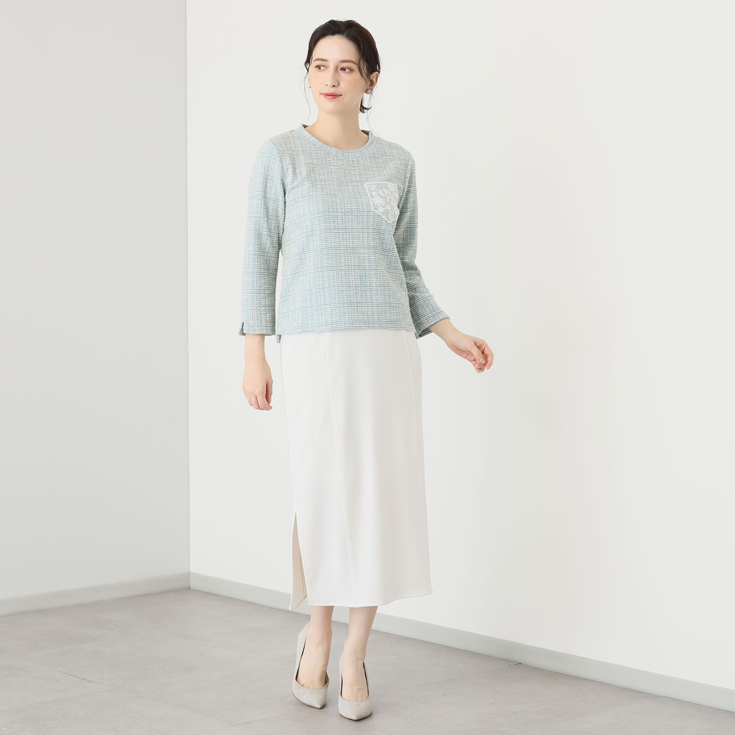 ブルーコレクション ツイード調ジャージー レースワッペンポイント 八分袖プルオーバー