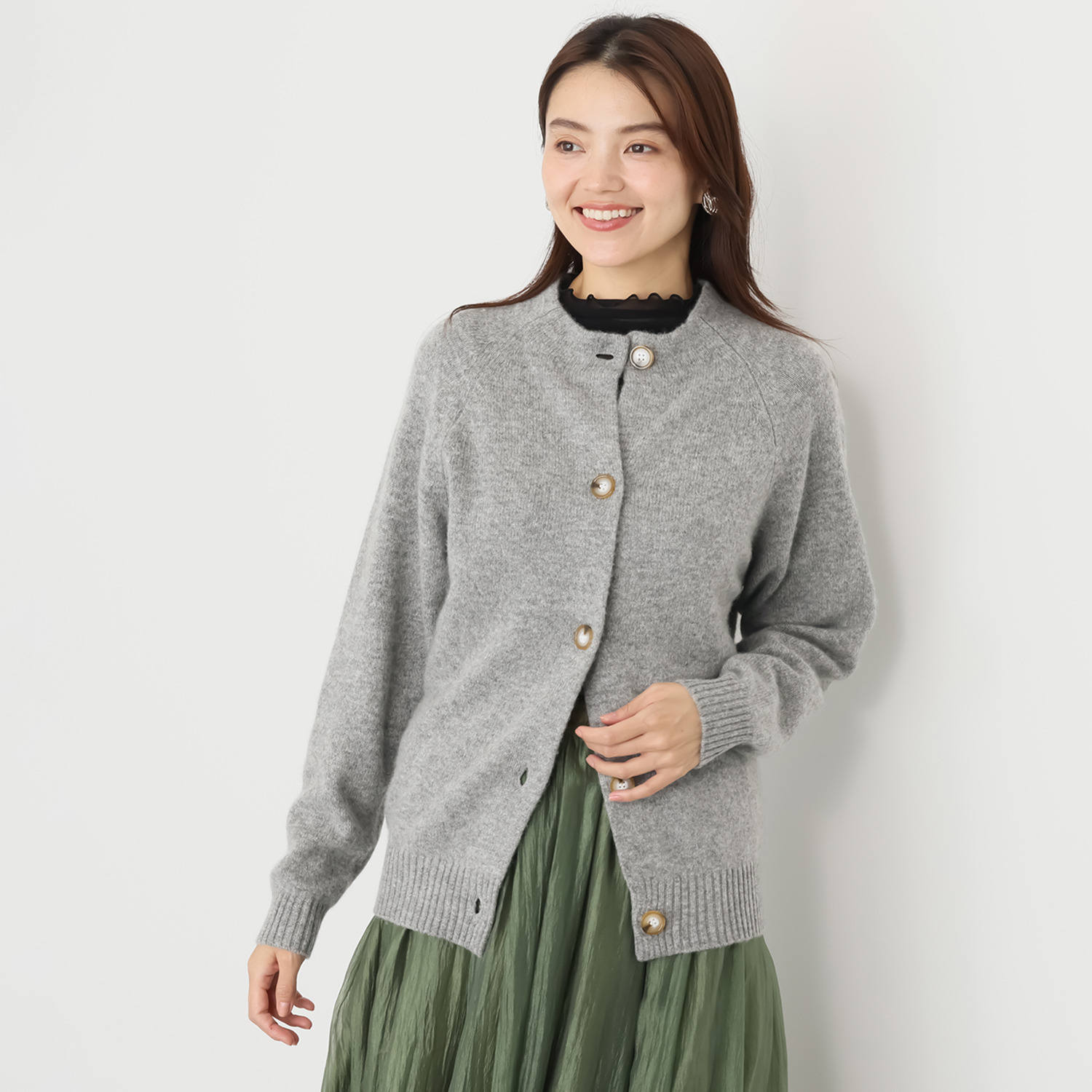 ルナリア ラムウール混 ボトルネック ニットカーディガン