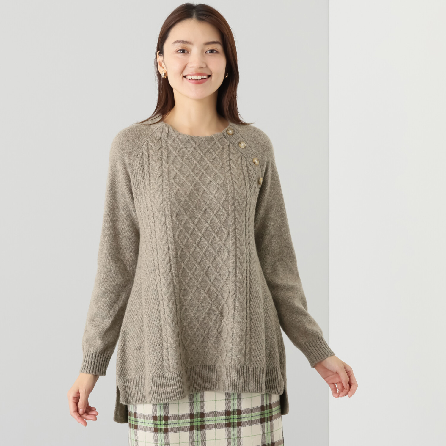 ルナリア ラムウール混 地柄　ボタン付 ニットチュニック プルオーバー