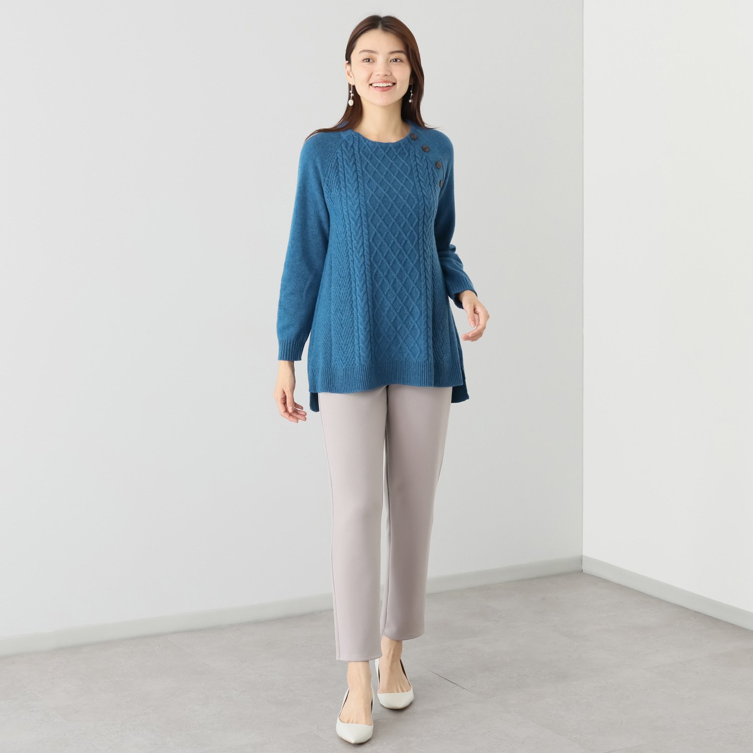 ルナリア ラムウール混 地柄　ボタン付 ニットチュニック プルオーバー