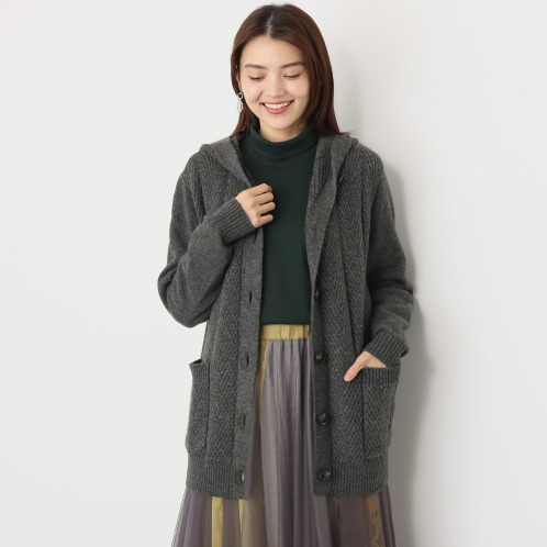 ルナリア ラムウール混 ジグザグ柄 フード付 ニットカーディガン ルナリア ラムウール混 ジグザグ柄 フード付 ニットカーディガン