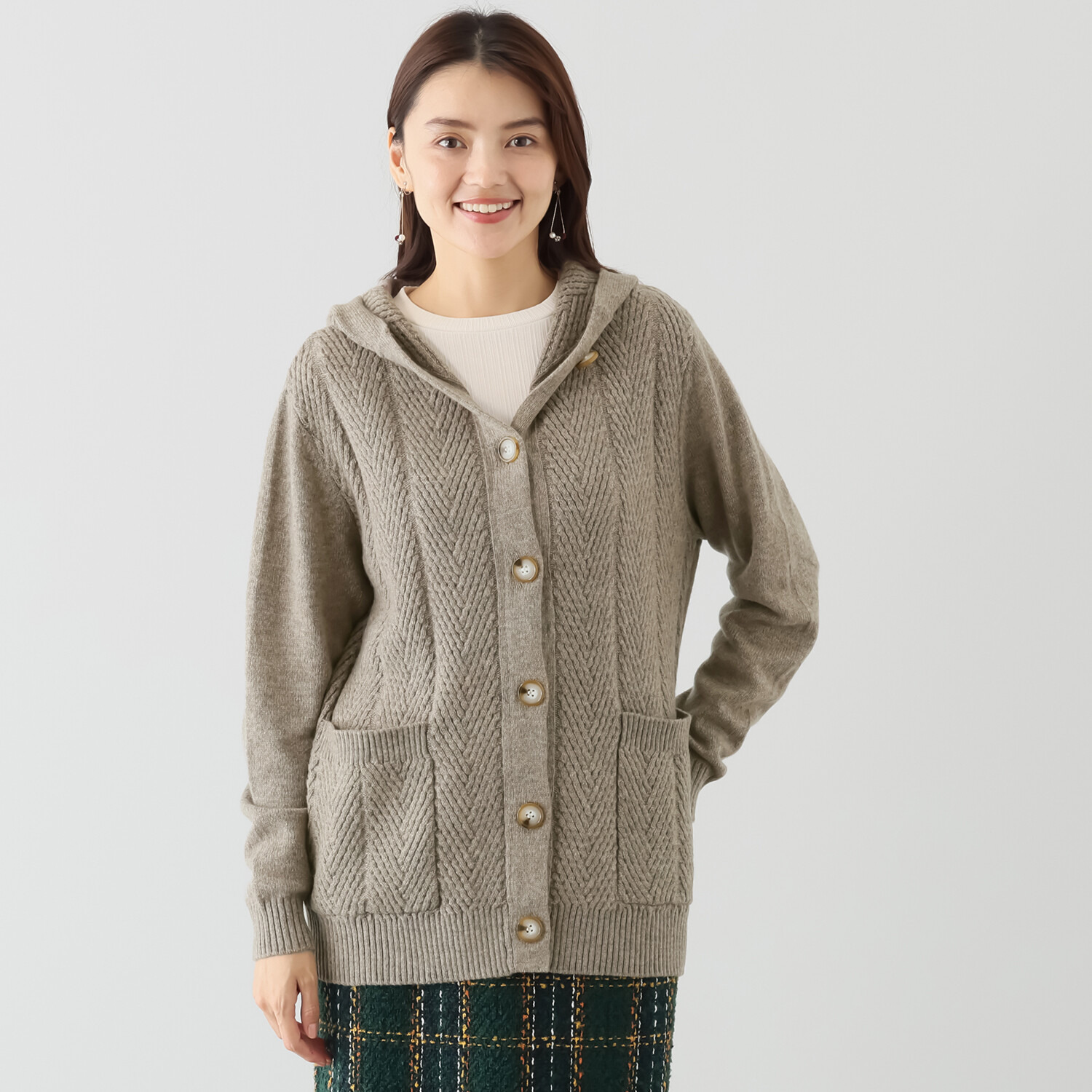 ルナリア ラムウール混 ジグザグ柄 フード付 ニットカーディガン