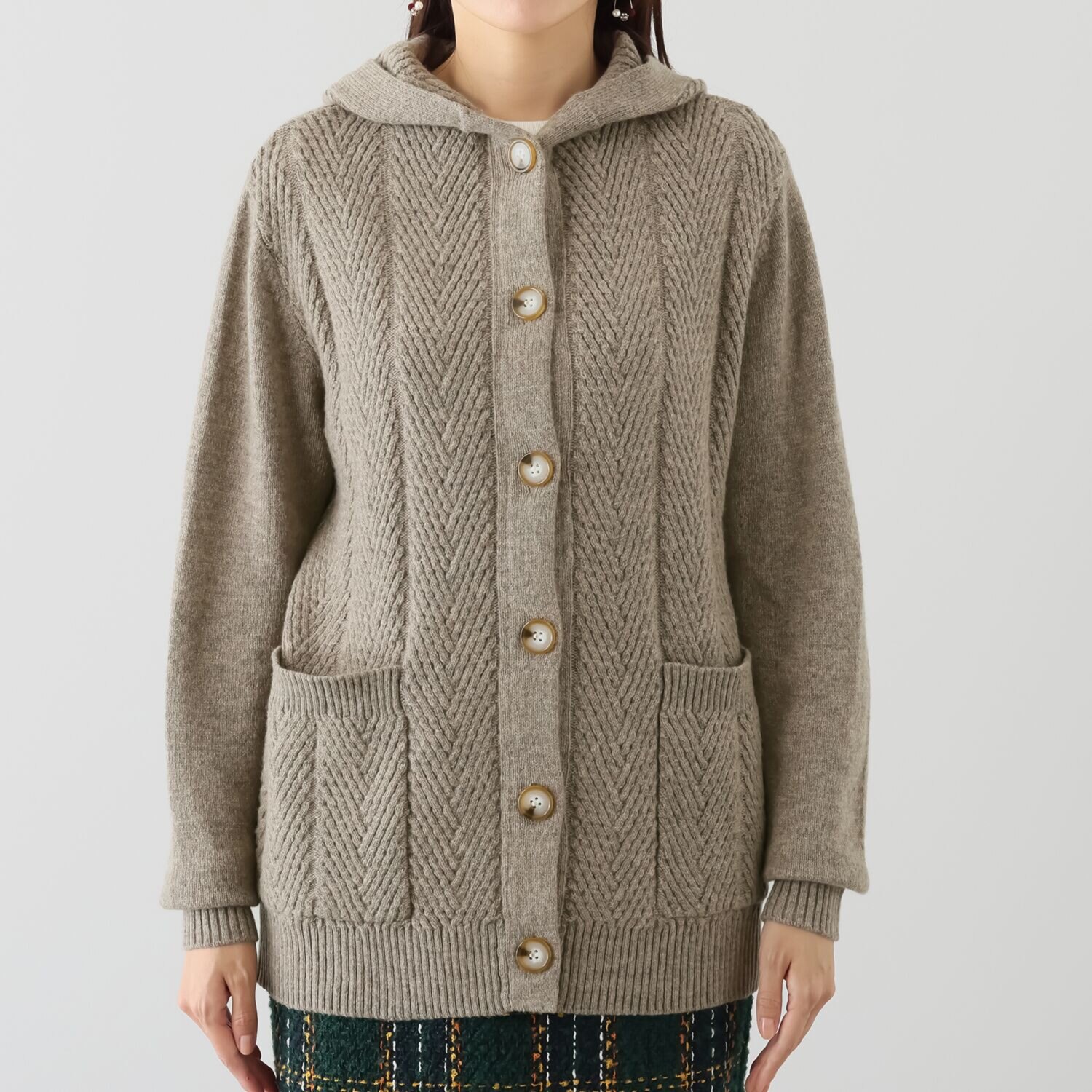 ルナリア ラムウール混 ジグザグ柄 フード付 ニットカーディガン