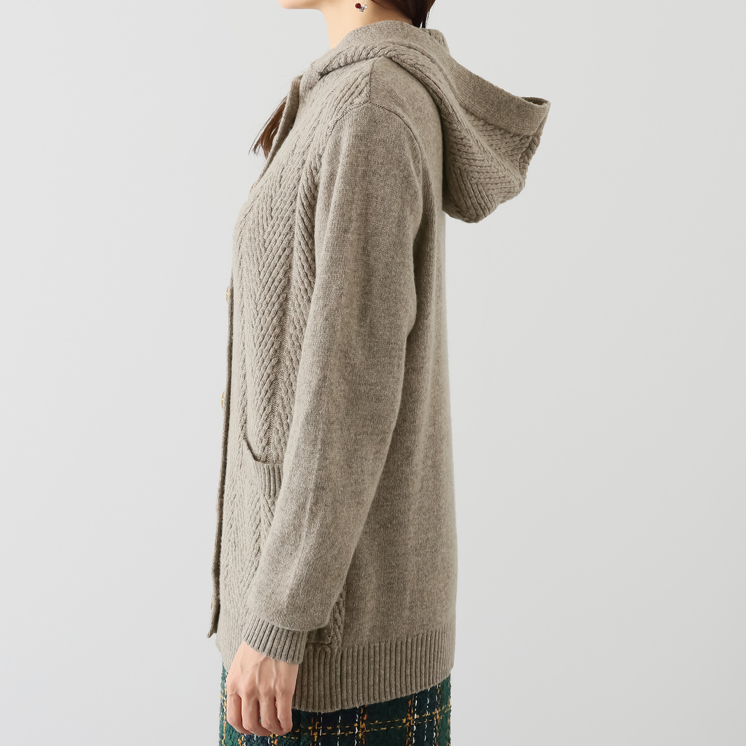 ルナリア ラムウール混 ジグザグ柄 フード付 ニットカーディガン