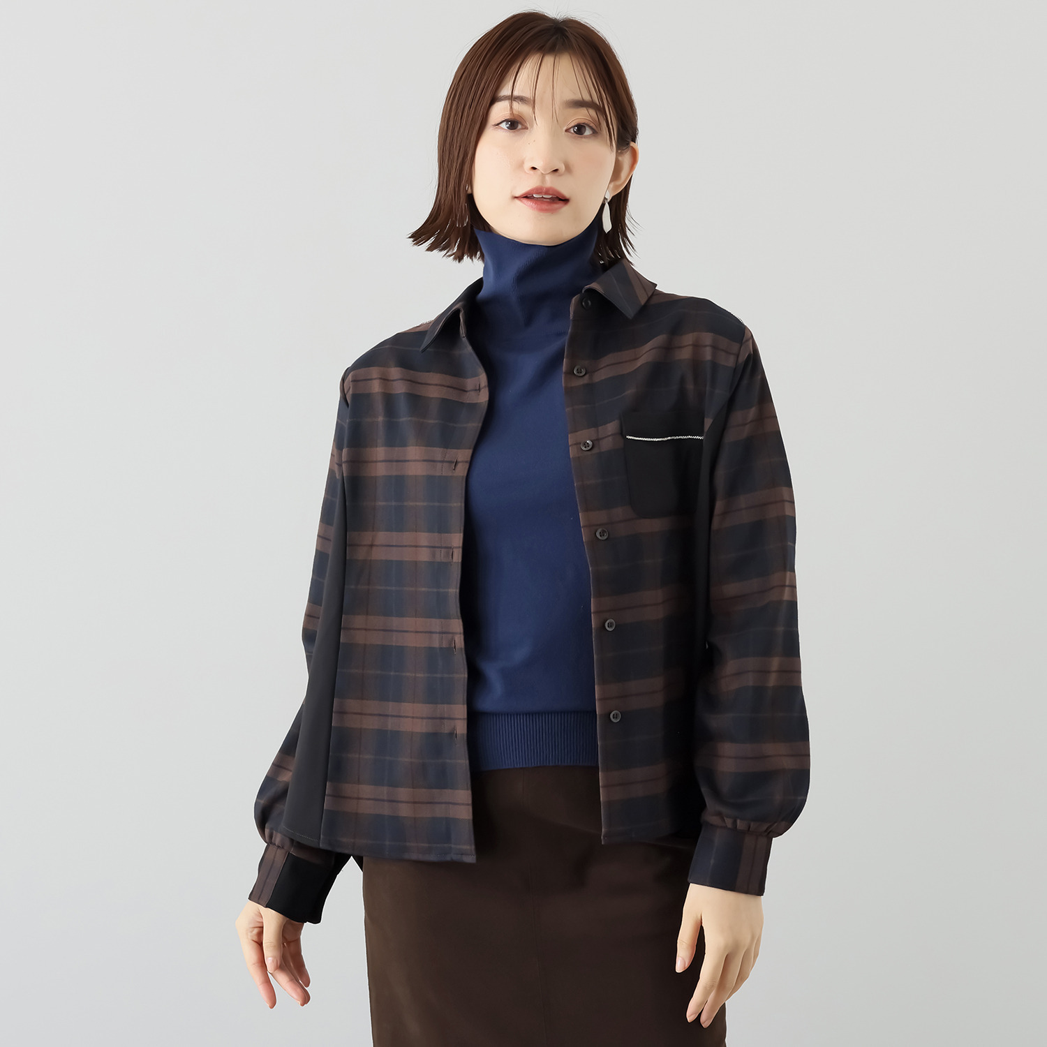 ミミコプラス ツイードチェック切替 キラキラテープアクセント 長袖シャツ