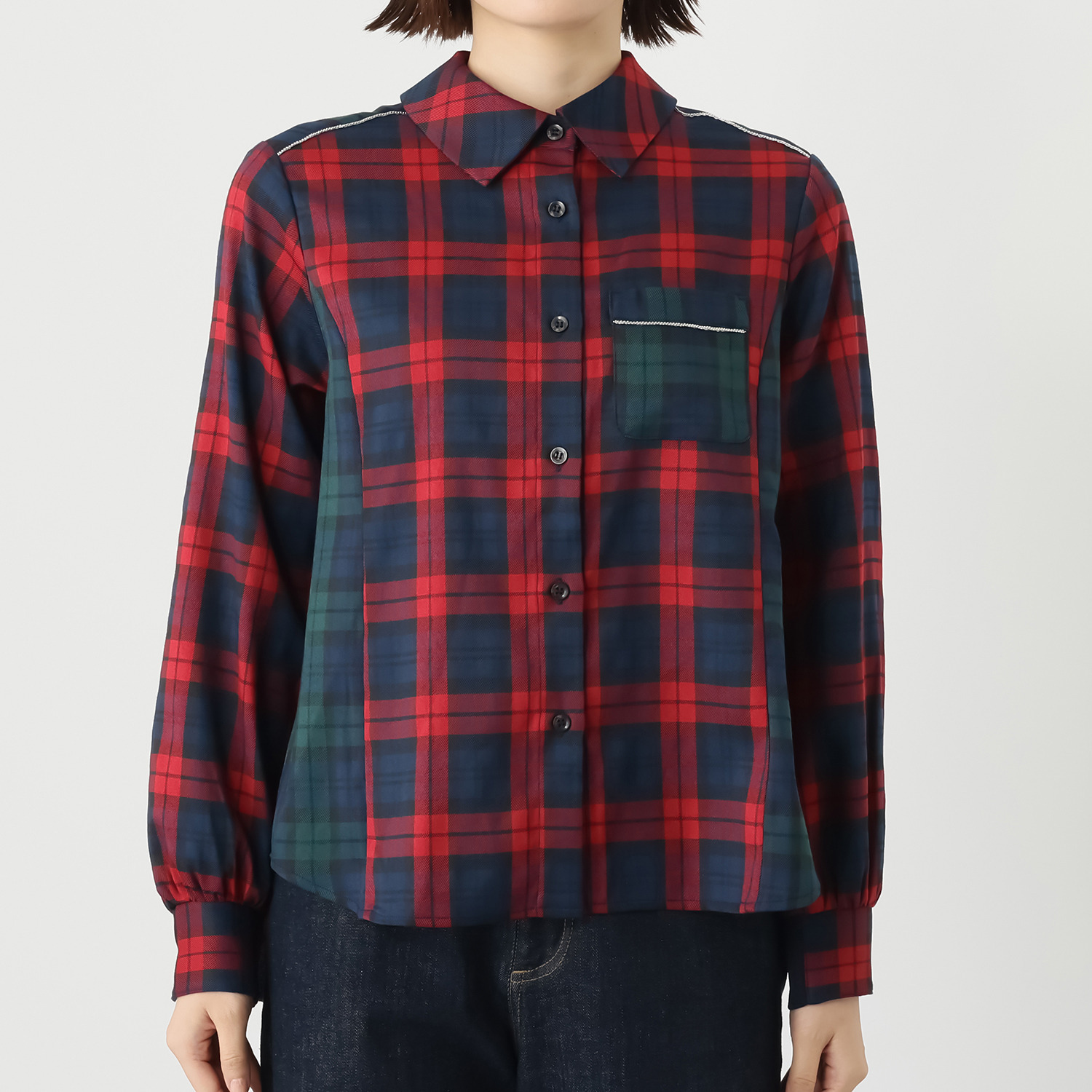 ミミコプラス ツイードチェック切替 キラキラテープアクセント 長袖シャツ