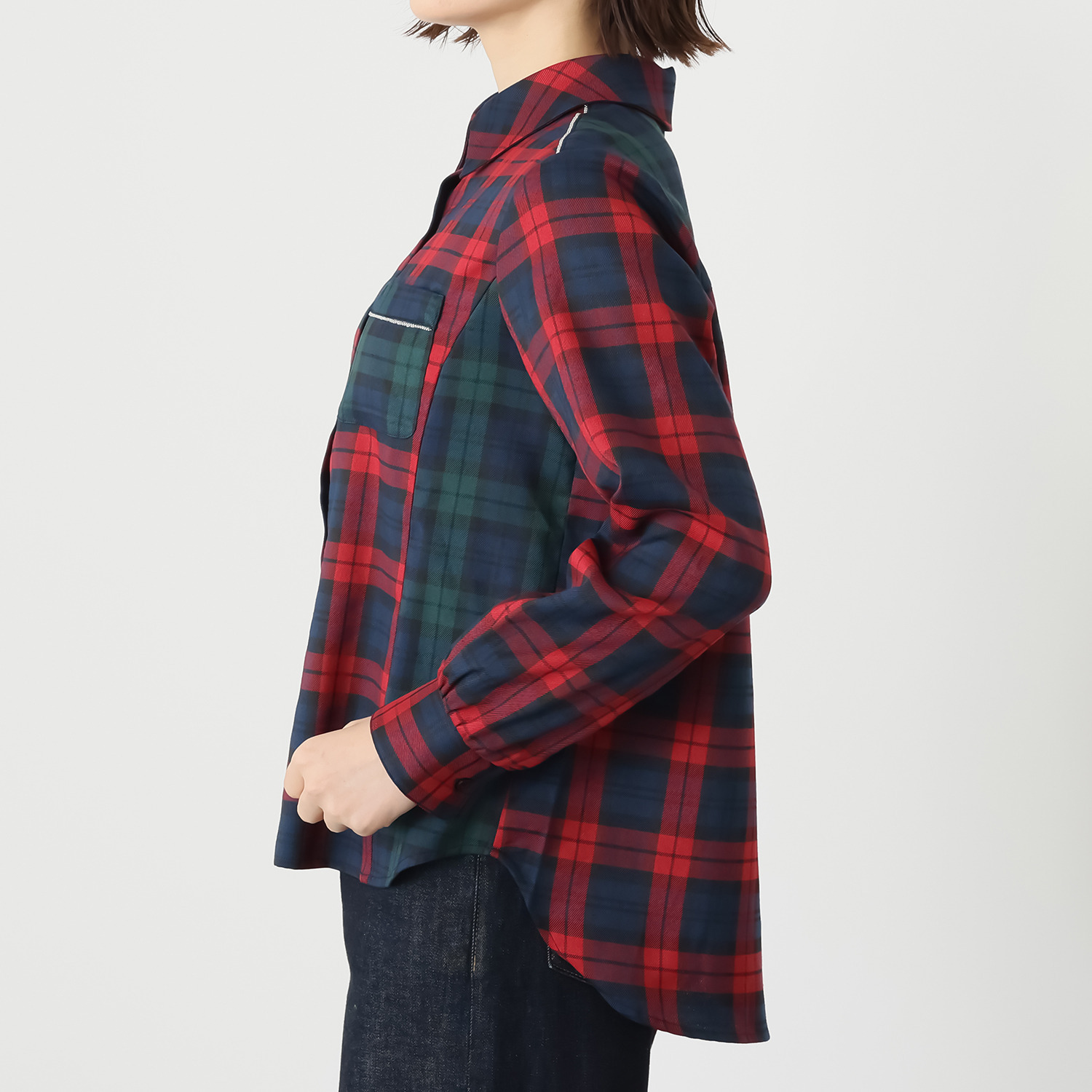 ミミコプラス ツイードチェック切替 キラキラテープアクセント 長袖シャツ