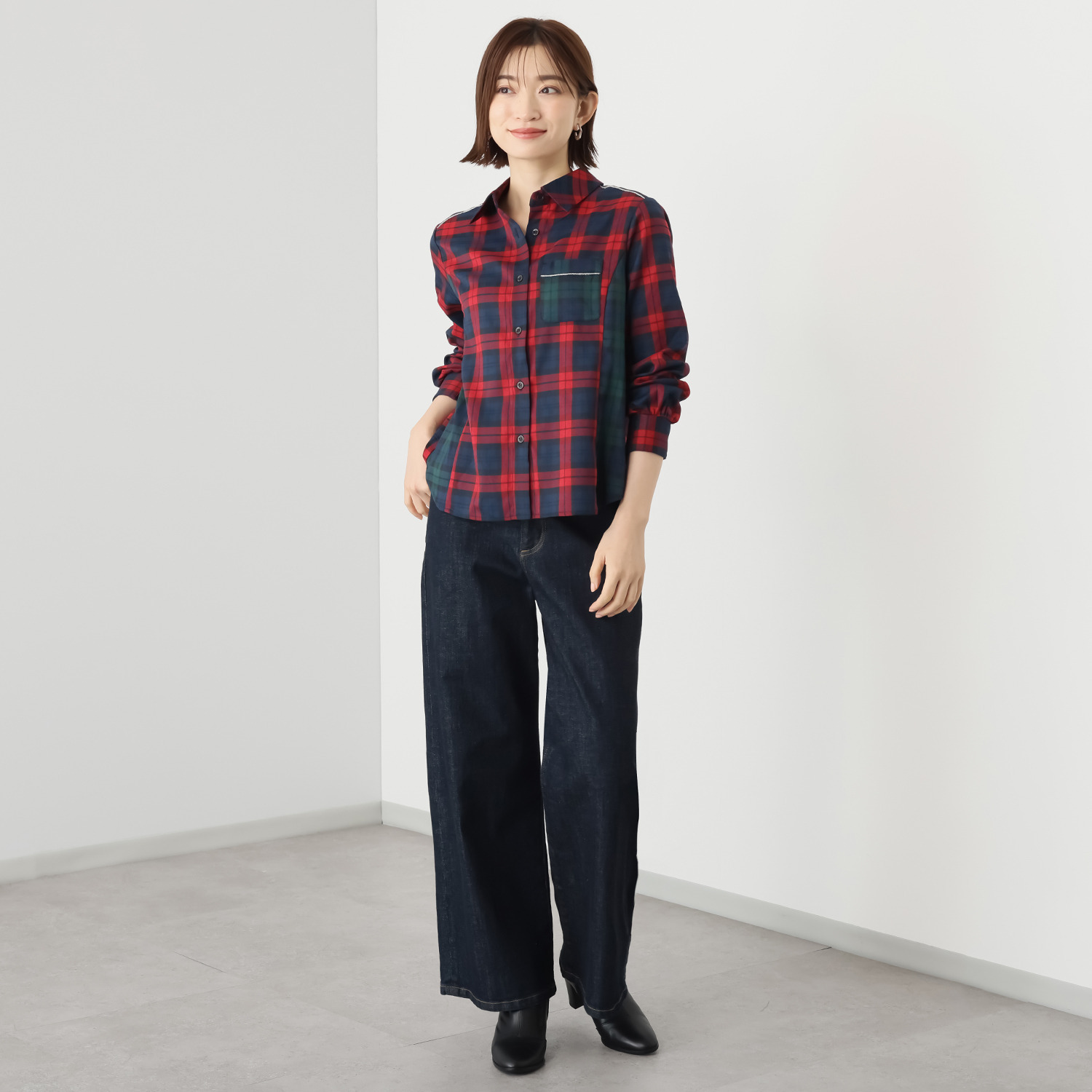 ミミコプラス ツイードチェック切替 キラキラテープアクセント 長袖シャツ