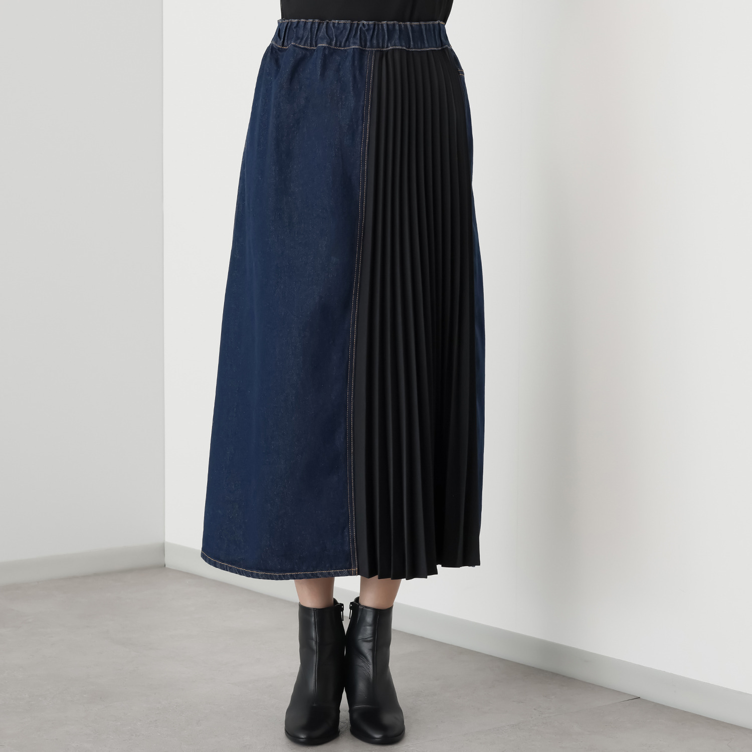 ミミコプラス プリーツが美しく スタイルアップが叶う なめらかな肌触り デニムロングスカート