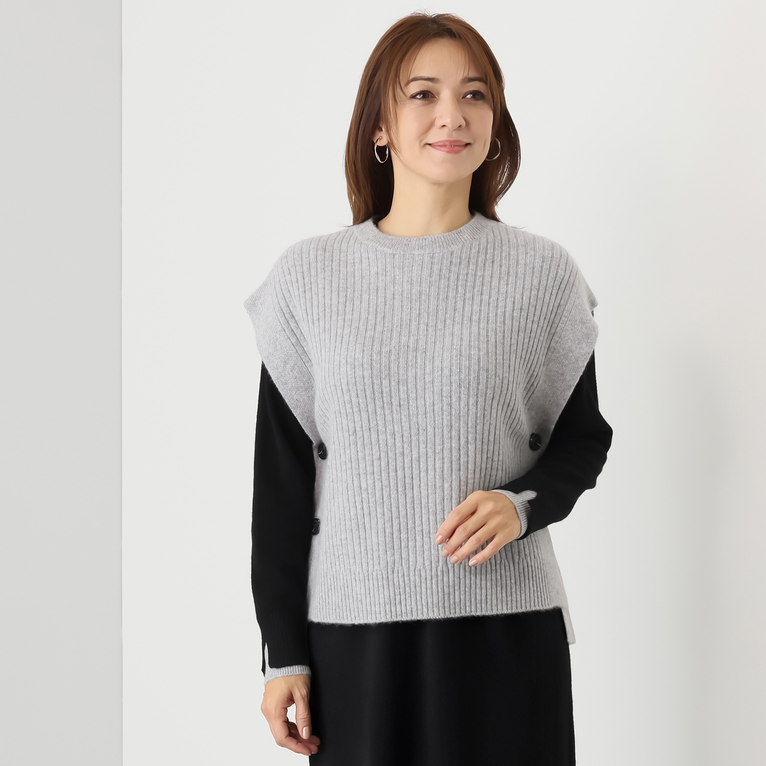 ナチュラム カシミヤ１００％ すっきり見えする リブ編ゆったりベスト