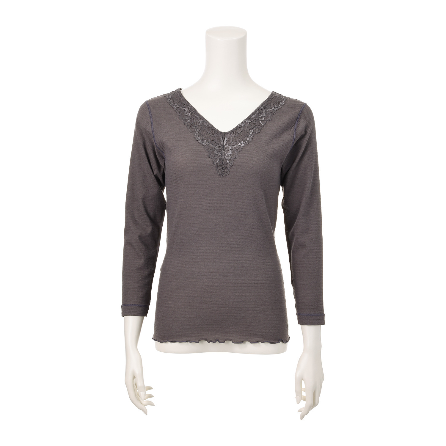 丸福ガーゼ 吸水速乾・抗菌防臭 綿モダール混 レーシー Ｖネック九分袖インナー